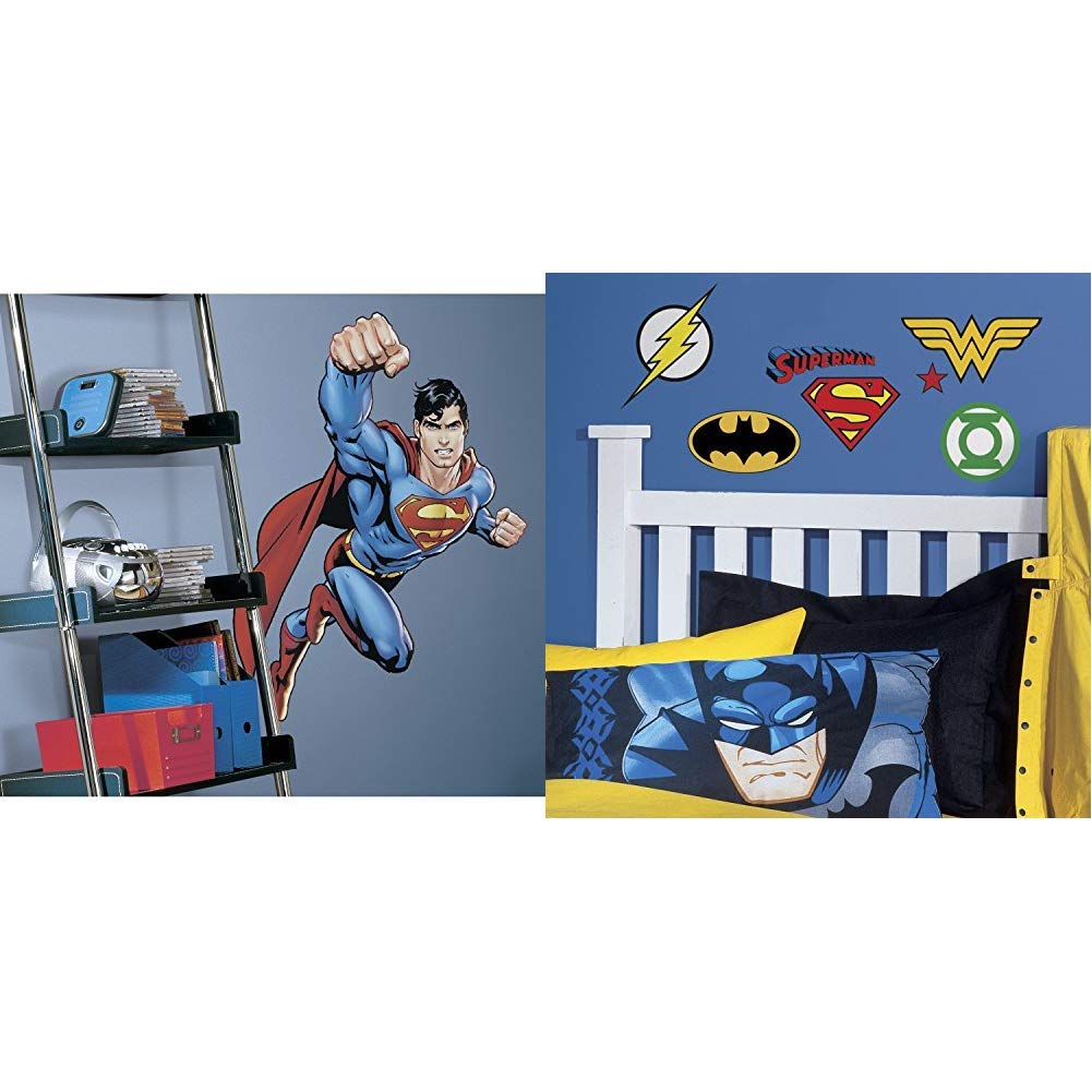 DC Comics Superhero Logos & Superman Peel and Stick Wall Decal Bundle - Batman, Wonder Woman, Flash - Easy DIY Room Decor for Kids & Adults - Perfect for Bedrooms, Game Rooms & Offices