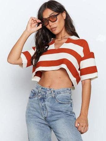 Lovevop Contrast Color Striped Knitted V-Neck T-Shirt for Women - Soft Casual Tee for Everyday Wear, Outings & Layering