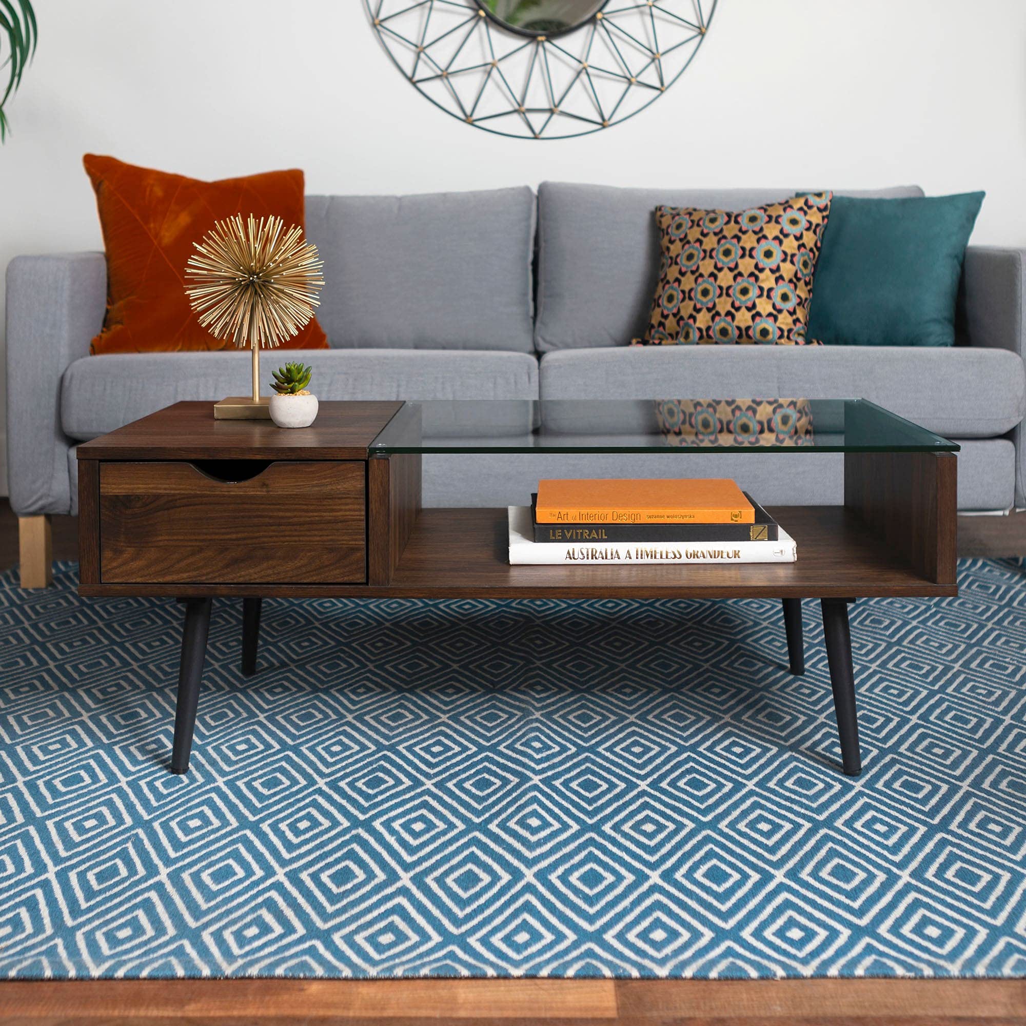 Mid-Century Modern Coffee Table with Glass Top & Storage - 42