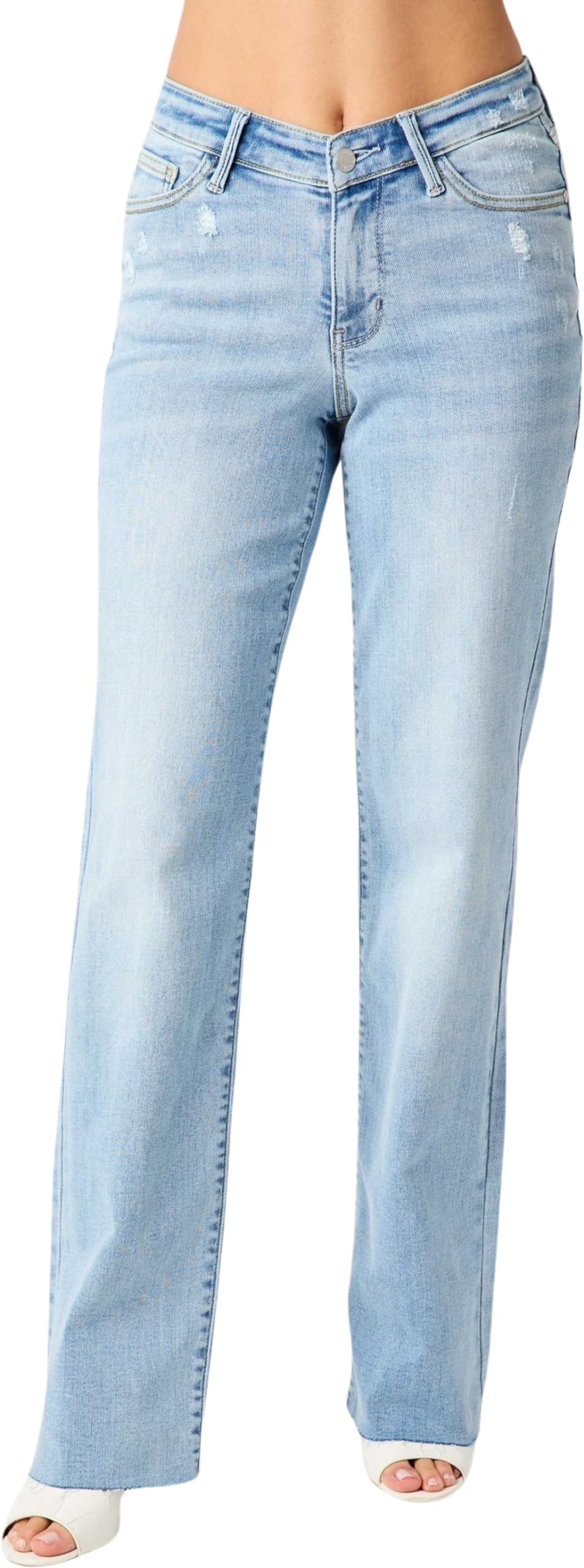 Judy Blue Women's High-Rise V Front Waistband Straight Leg Jeans - Comfortable Stretch Denim Pants for Casual Wear & Everyday Outfits