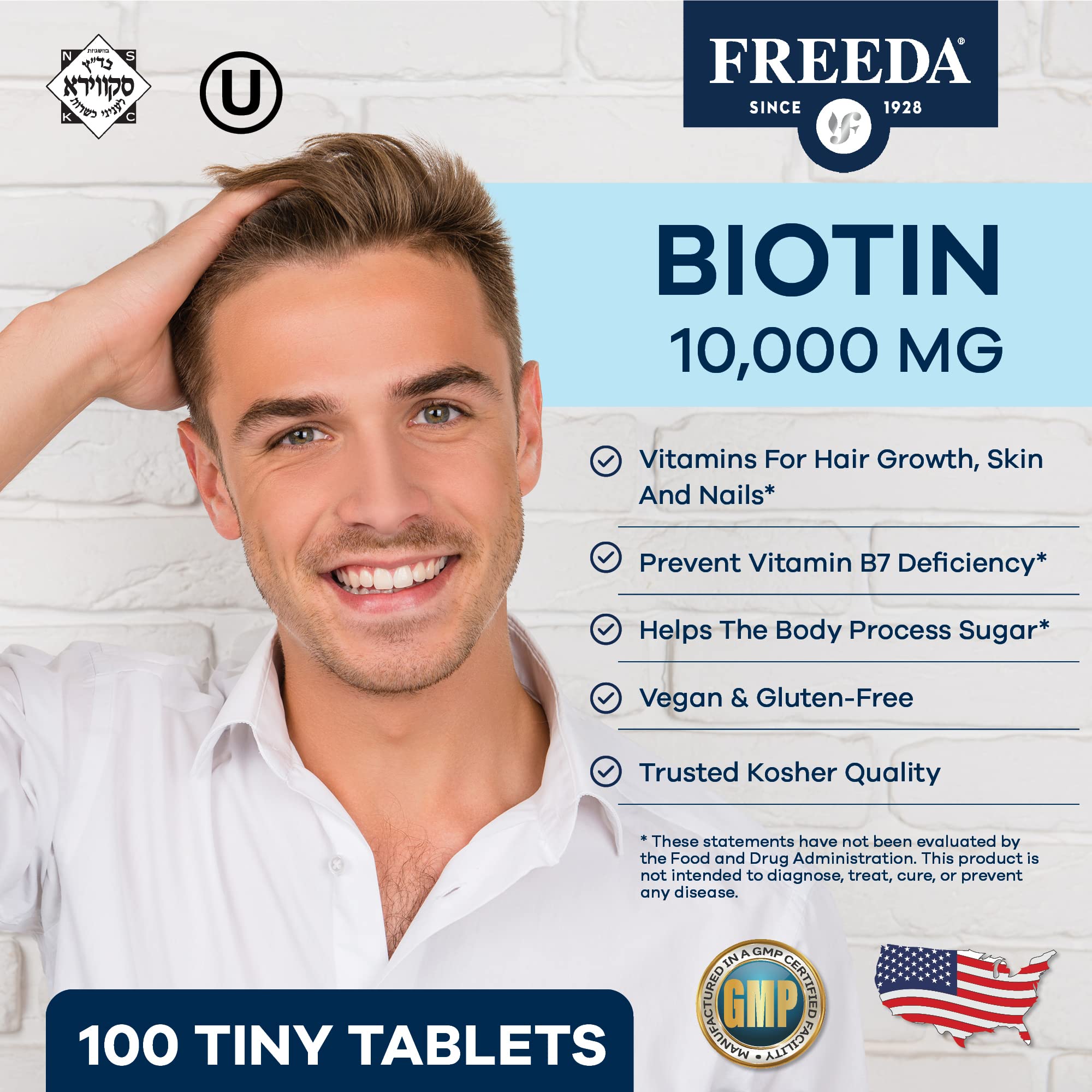 FREEDA Biotin 10,000 mcg - Kosher Certified Hair, Skin & Nails Vitamin Supplement - High Potency B7 for Hair Growth & Strong Nails - Vegan D-Biotin Tablets - 100 Tiny Tablets - Perfect for Daily Beauty & Wellness Routine