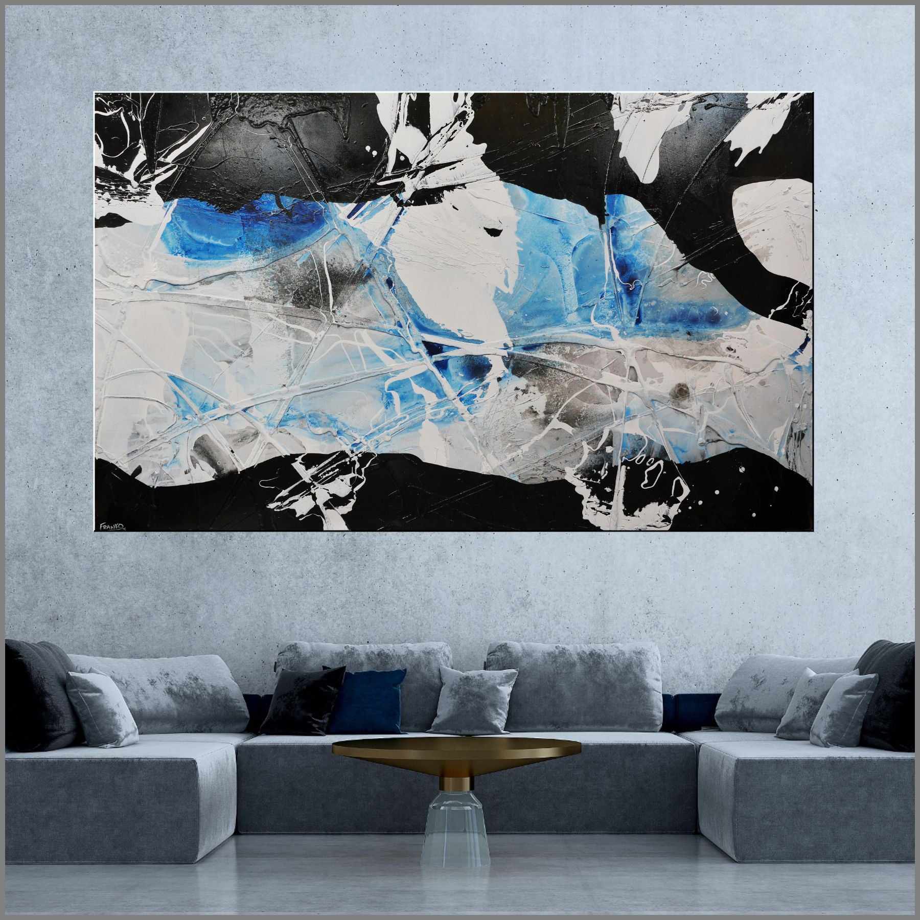 Blue Black White Textured Abstract Painting - 280cm x 170cm Shredded Powder Artwork for Modern Living Room & Office Wall Decor