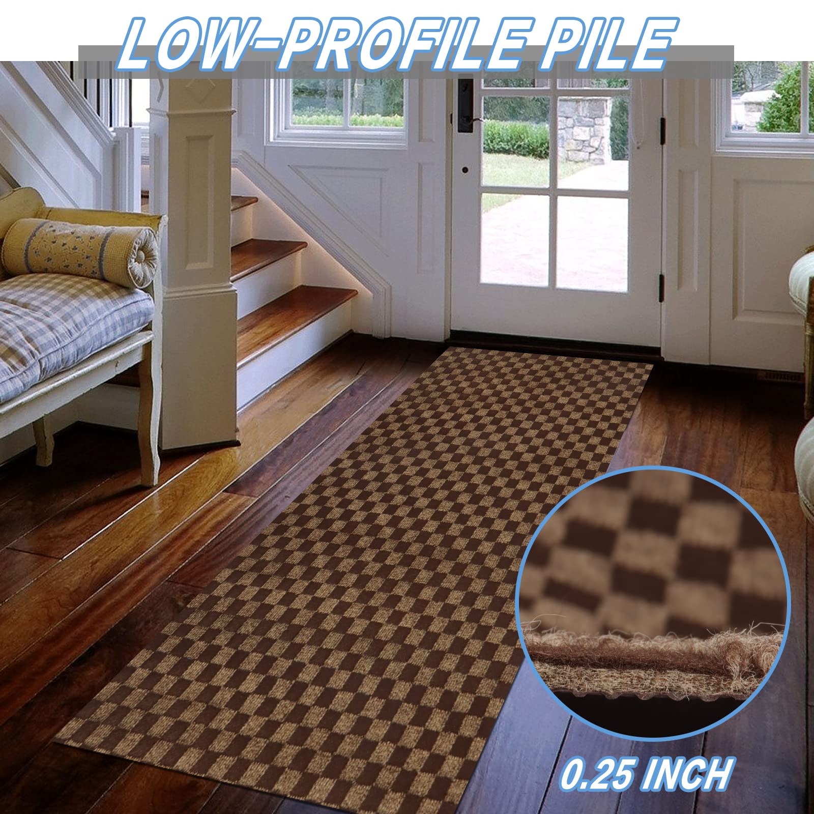 FREADEM 2' x 41' Runner Rugs - Non-Slip Indoor Outdoor Carpet for Hallway, Stairs, Entryway - Brown Checkered Design - Perfect for Home, Office, Balcony & Garage Use