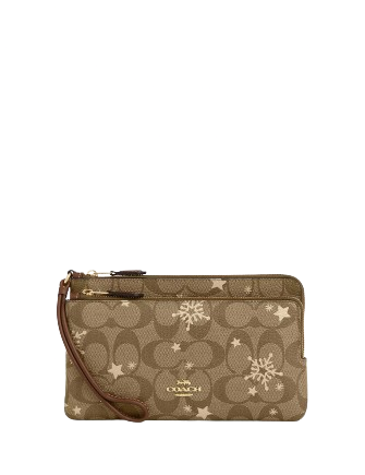 Coach Double Zip Wallet in Signature Canvas with Star & Snowflake Print - Stylish Women's Leather Card Holder for Everyday Use, Travel & Gift Giving