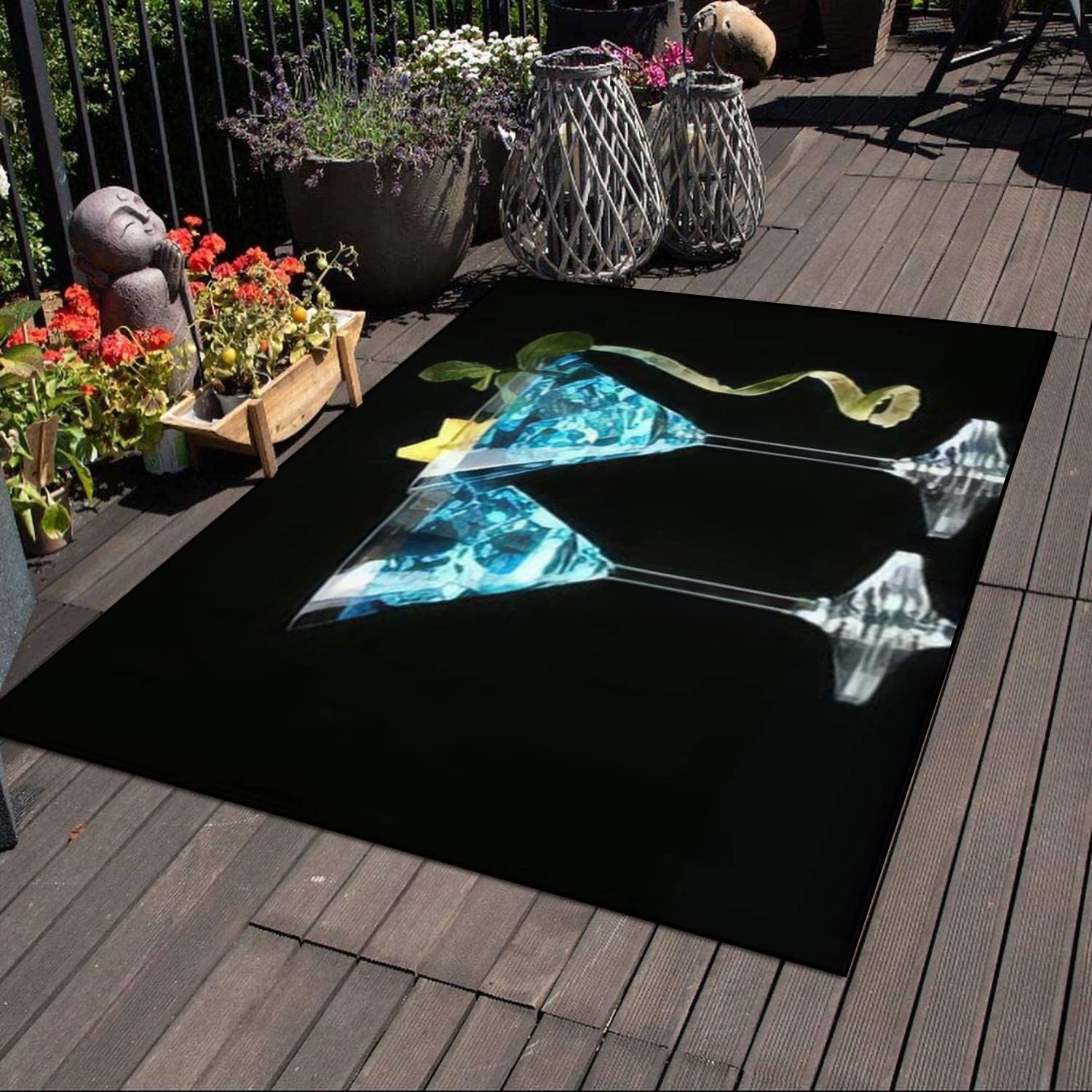 Non-Slip Indoor/Outdoor Area Rug - Blue Cocktail Martini Glass Design on Black Background - Soft Floor Mat for Living Room, Coffee Table, Chair - Home Decor Gift for Housewarming & Parties