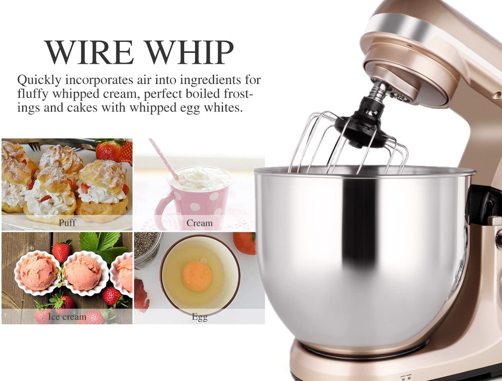Professional 6-Qt Stand Mixer with Timer - 500W 6-Speed Tilt-Head Electric Kitchen Mixer, MK37 Model (Champagne) - Perfect for Baking, Dough Kneading & Cake Decorating