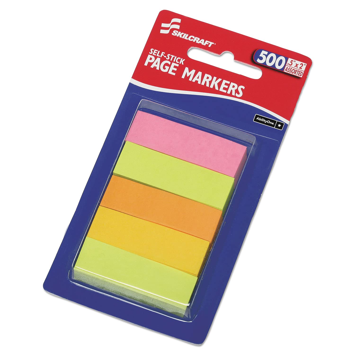SKILCRAFT Self-Stick Page Markers - 2 Inch Neon Assorted Color Tabs (500 Pack) - Perfect for Office Organization, Book Annotation & School Supplies