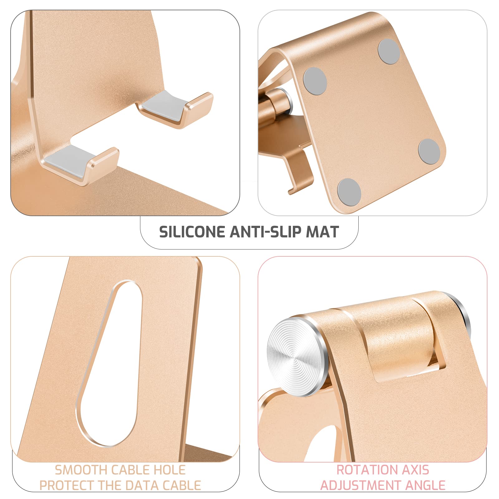Premium Aluminum Alloy Phone Stand - Adjustable Desktop Phone Holder with 360° Rotation, Universal Smartphone Dock Cradle in Gold (Perfect for Home Office, Bedside, Kitchen & Video Calls)