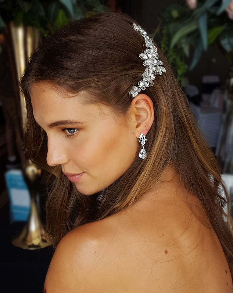 Elegant Crystal Bridal Earrings with Classic Pear Drop – Perfect for Weddings, Prom & Special Occasions | Meghan Johnny B at Kezani