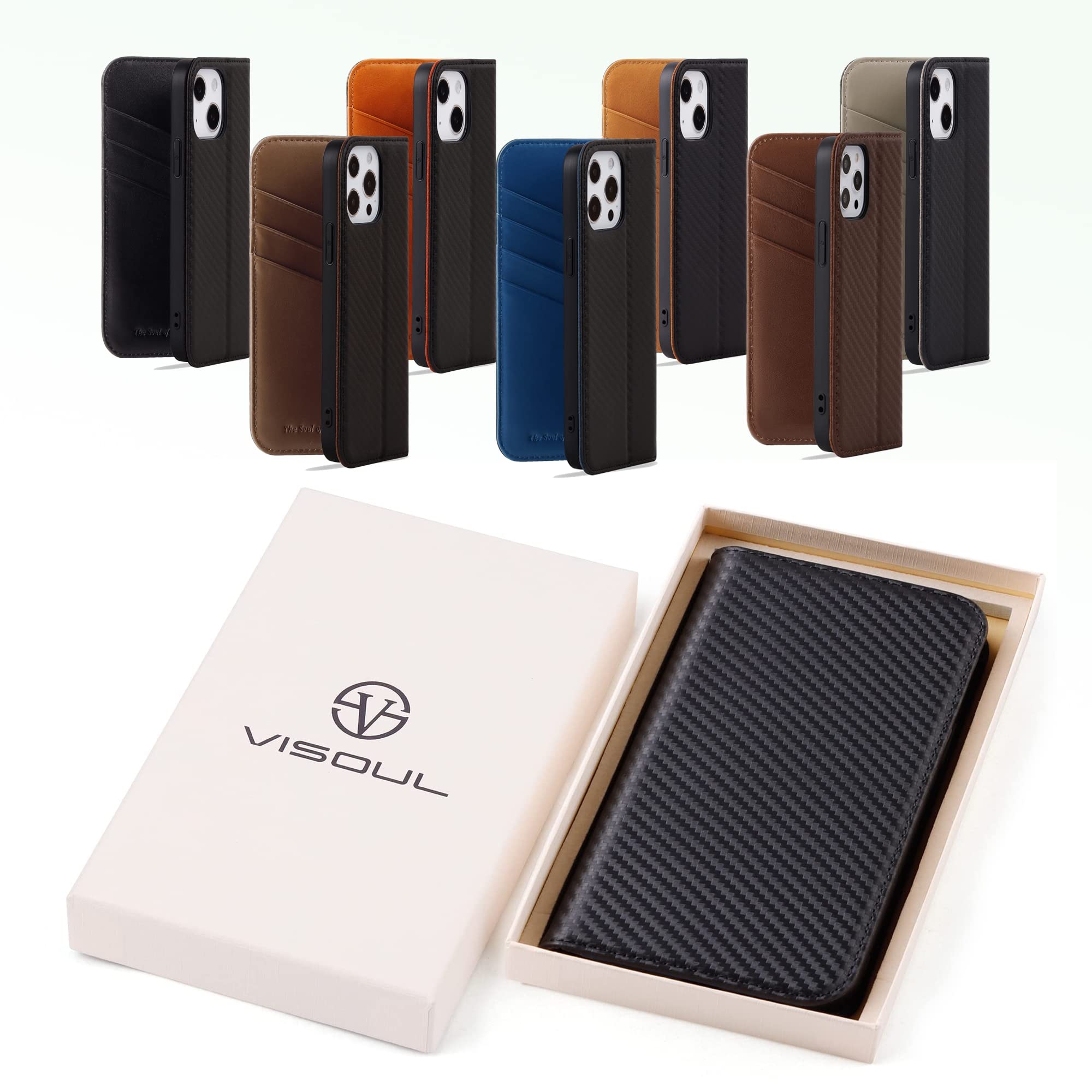 Premium VISOUL Magnetic Wallet Case for iPhone 13 Pro Max (6.7-inch) - Carbon Fiber Leather Folio Cover with Card Holder (Black+Tan) | Perfect for Business, Travel & Everyday Protection