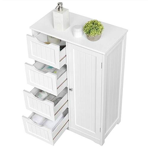 Solid Wood Bathroom Storage Cabinet with 4 Drawers & Cupboard - Freestanding Entryway Console Table, Kitchen Pantry Organizer, Home Decor Dresser for Bathroom, Bedroom & Living Room Storage Solutions