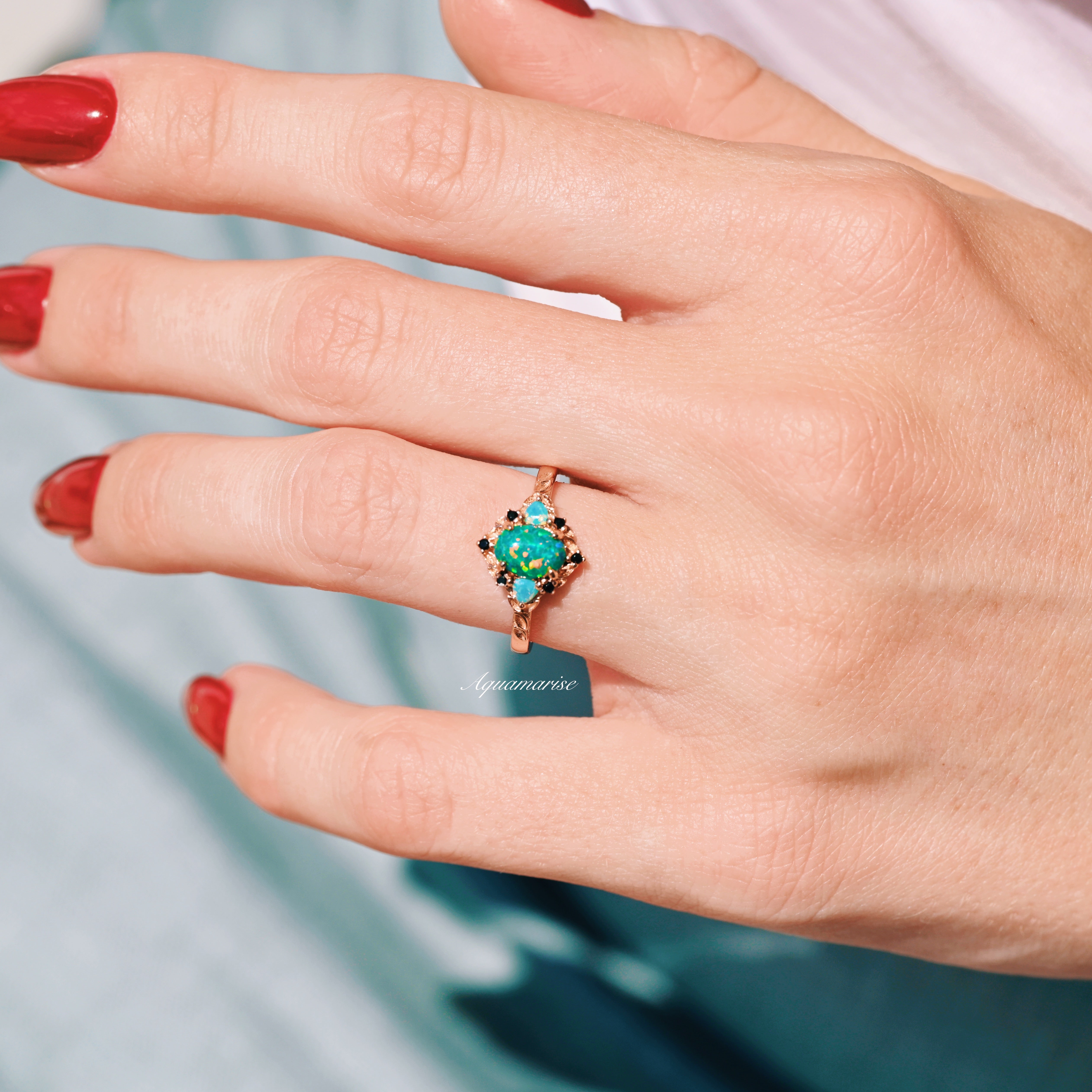14K Rose Gold Vermeil Green Fire Opal & Opalescent Sapphire Leaf Ring - Elegant Nature-Inspired Jewelry for Women, Perfect for Weddings, Parties & Special Occasions