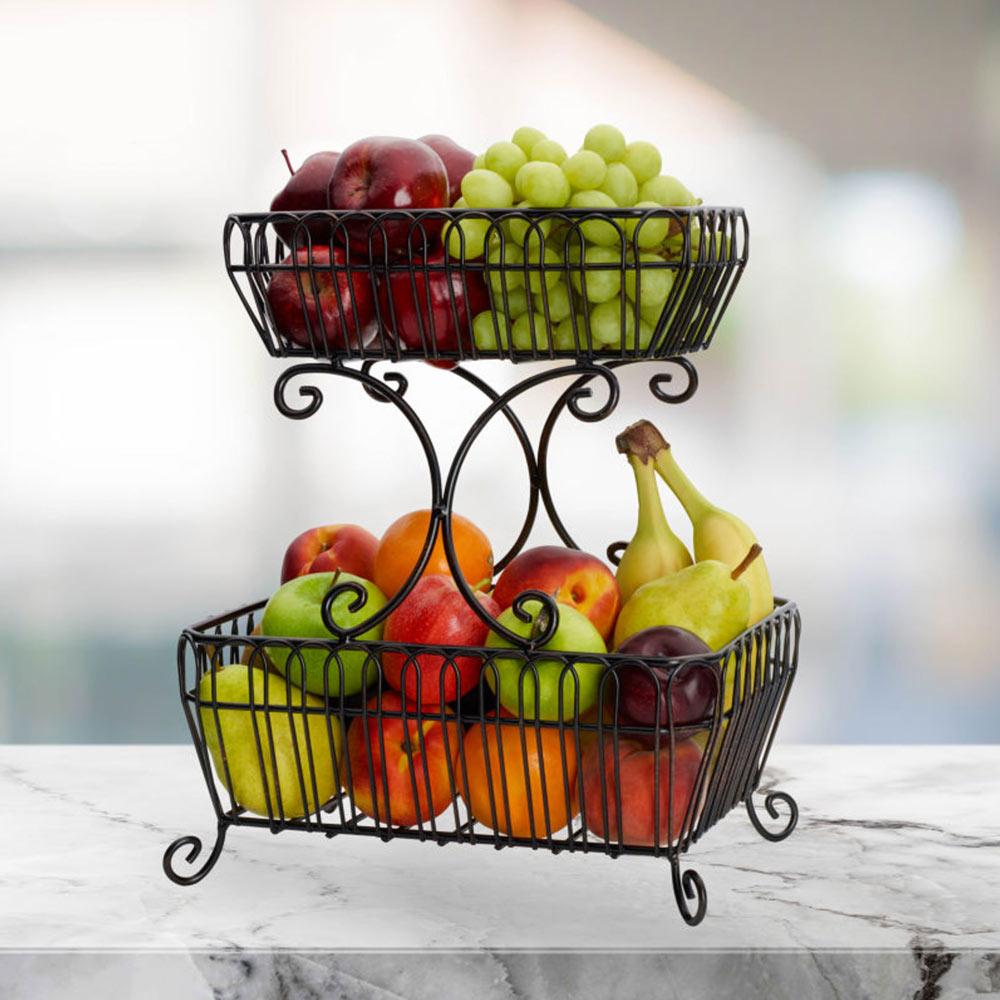 Rustic 2-Tier Wooden Fruit Basket for Kitchen Counter - Perfect for Organizing Apples, Bananas & Produce in Farmhouse Style Homes