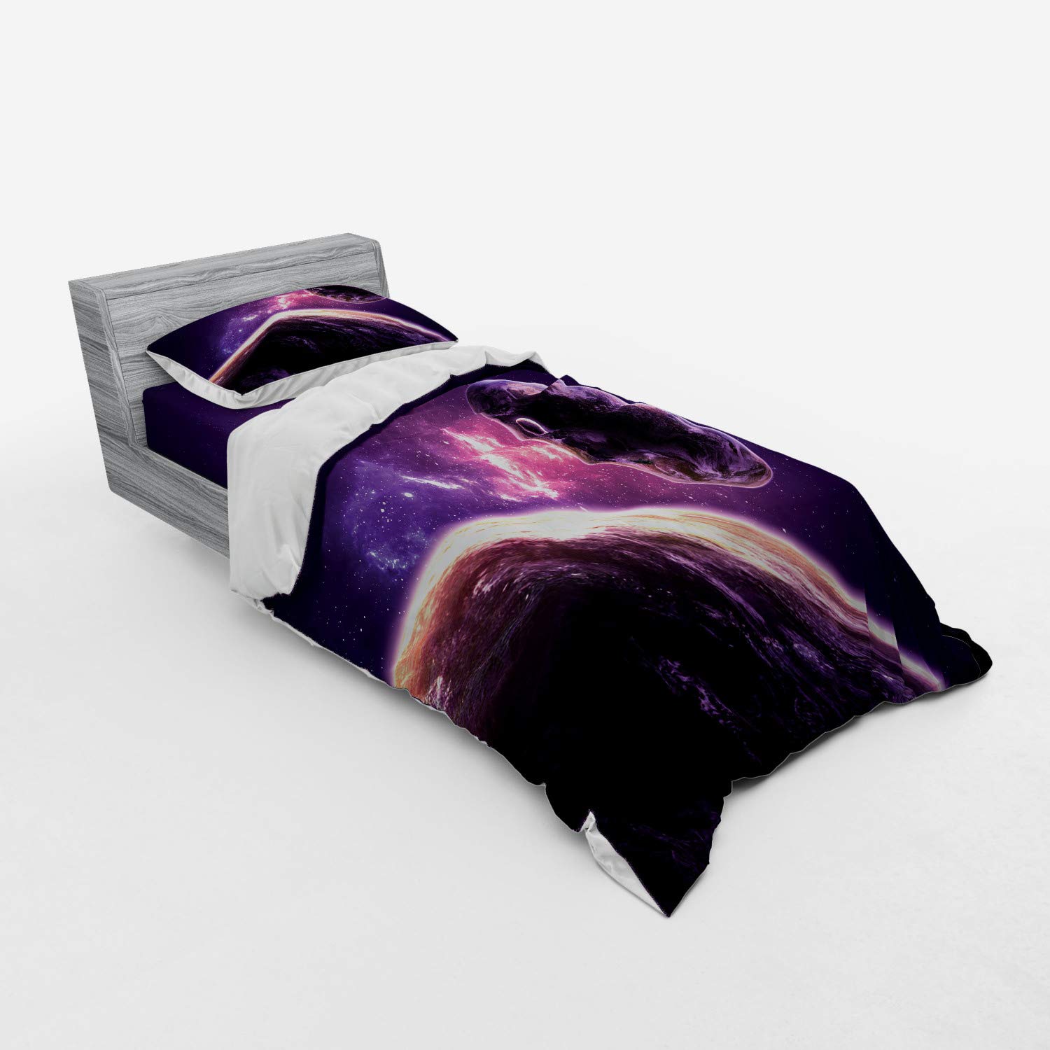 Ambesonne Galaxy Bedding Set - Twin Size 3-Piece Duvet Cover Set with Sham & Fitted Sheet, Purple Nebula Celestial Comet Astronomy Print in Magenta Mauve | Space Themed Bedroom Decor for Kids & Teens | Perfect for Astronomy Lovers & Sci-Fi Enthusiasts