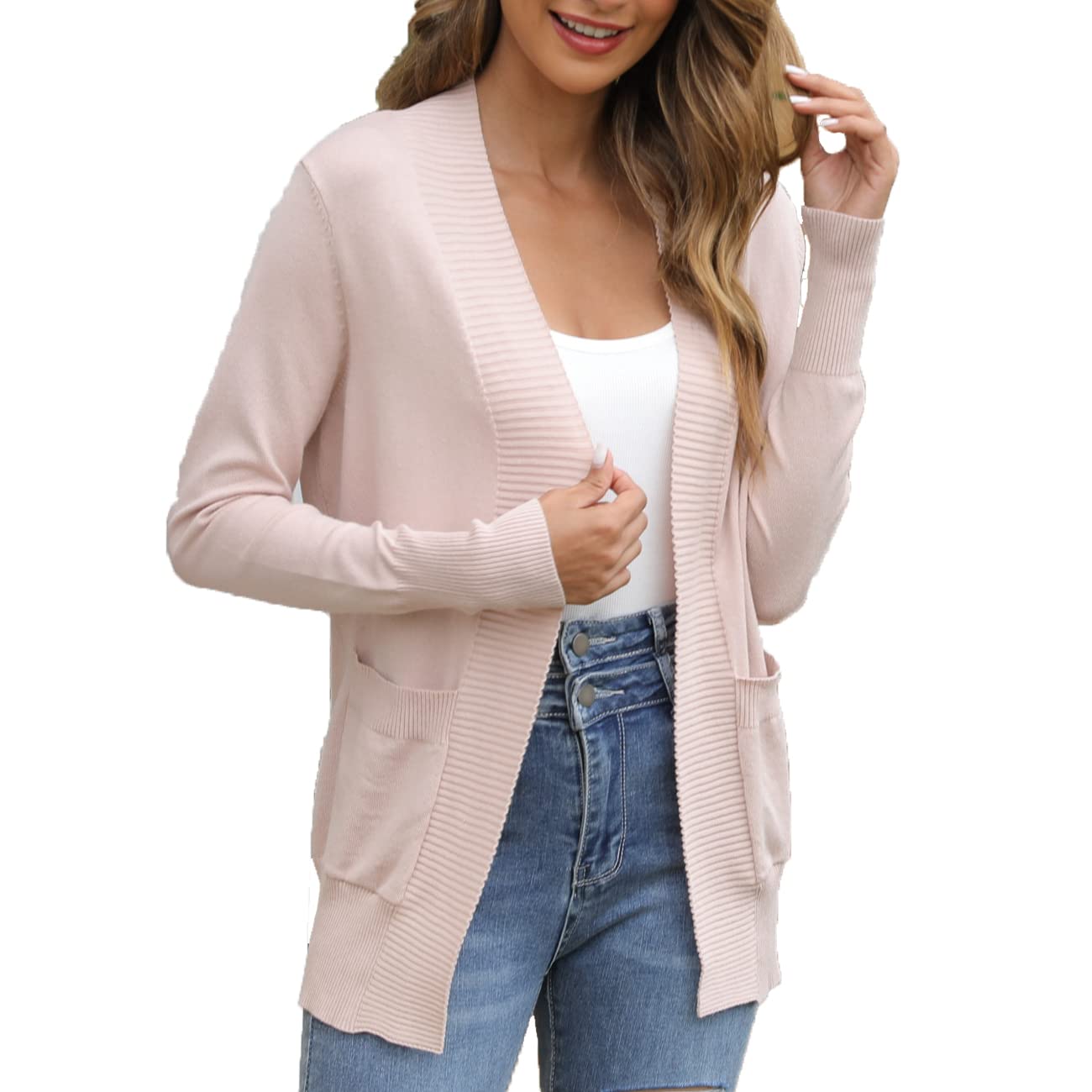 VOIANLIMO Women's Open Front Long Sleeve Knit Cardigan Sweater with Pockets - Casual Loose Fit Lightweight Cover Up for Office, Fall & Winter Layering