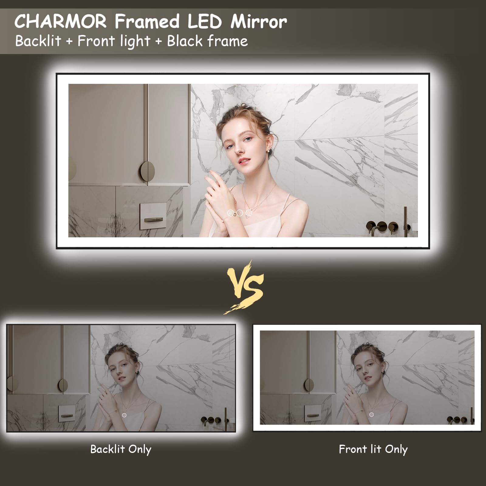 72x32 Inch LED Bathroom Mirror with Dimmable Backlit & Front Lights - Large Framed Anti-Fog Vanity Mirror for Makeup, Shaving & Home Decor