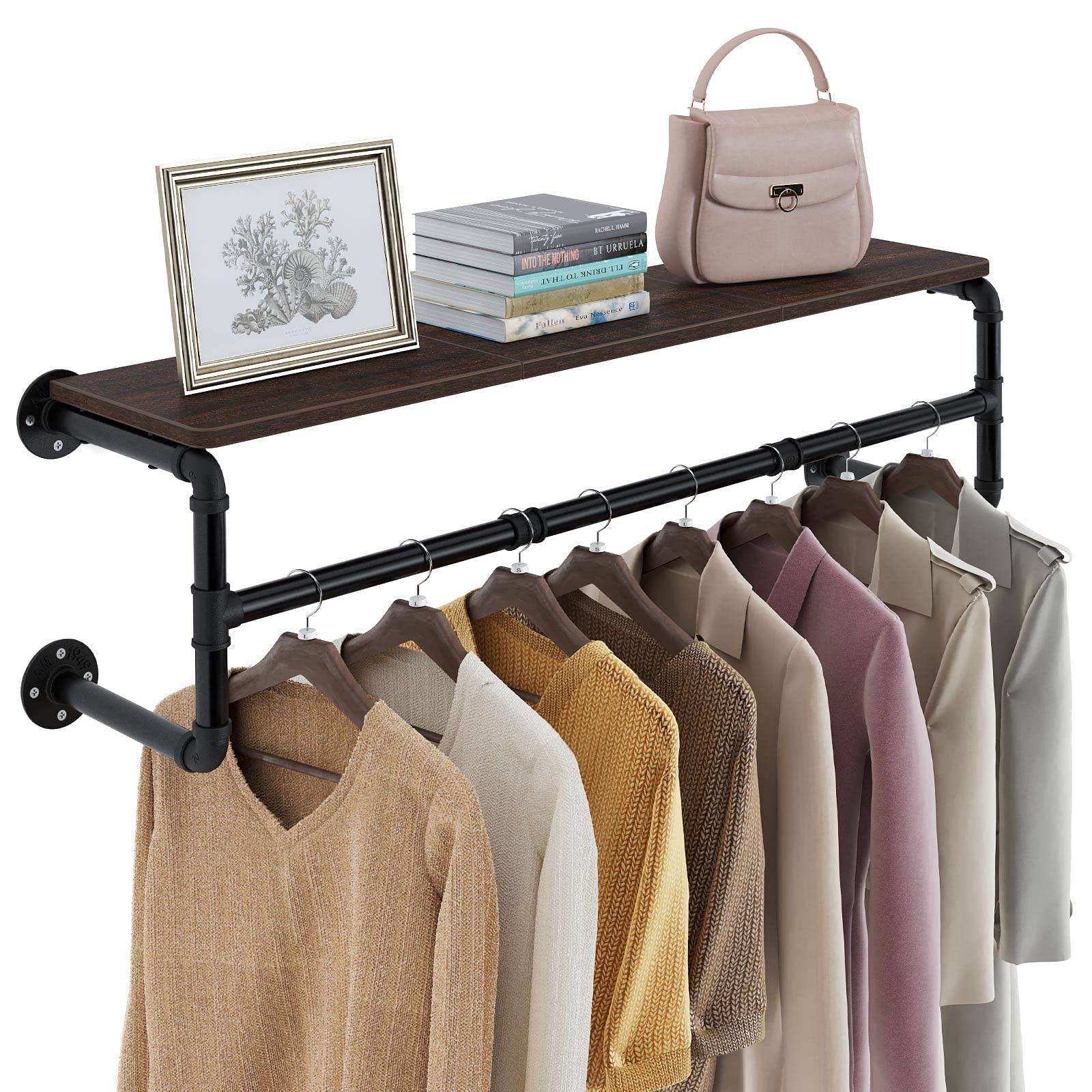 GREENSTELL Wall Mounted Clothes Rack - 45.5 Inch Industrial Pipe Shelf with Hanging Rod for Bedroom, Laundry Room & Closet | Space Saving Clothing Organizer for Hanging Clothes, Towels & Accessories | Perfect for Small Spaces & Apartment Living