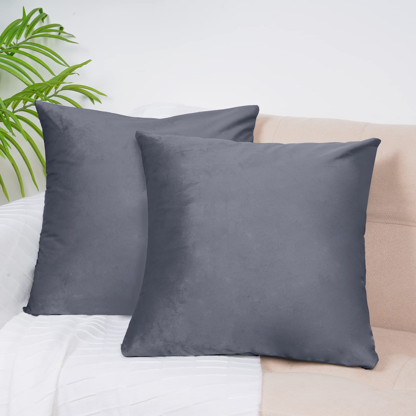 PHF Velvet Throw Pillow Covers 18x18 Inches - 2 Pack Ultra Soft Square Cushion Covers for Bed, Couch & Sofa - Decorative Grey Pillow Cases for Living Room, Bedroom & Home Decor