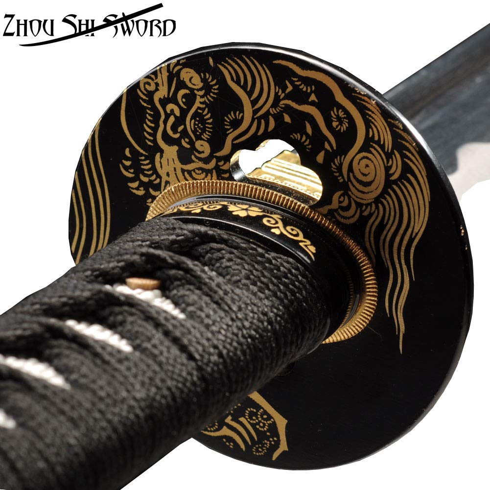 Authentic Japanese Samurai Katana Sword - Handmade 1095 High Carbon Steel, Heat Tempered Full Tang Blade with Sharp Tsuba - Perfect for Martial Arts Training, Cosplay & Collectors