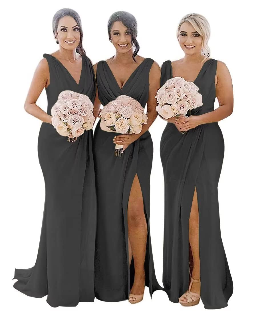 Elegant V-Neck Chiffon Bridesmaid Dress with Thigh High Slit - Formal Evening Party Gown for Wedding, Prom, Homecoming & Special Occasions | Perfect for Bridal Shower, Cocktail Party & Black Tie Events