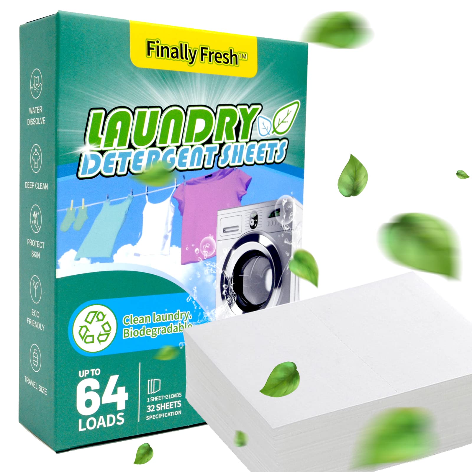 Finally Fresh Laundry Detergent Sheets - Free & Clear, Eco-Friendly, Natural, 64 Loads (32 Sheets) | Perfect for Travel, Camping & Sensitive Skin