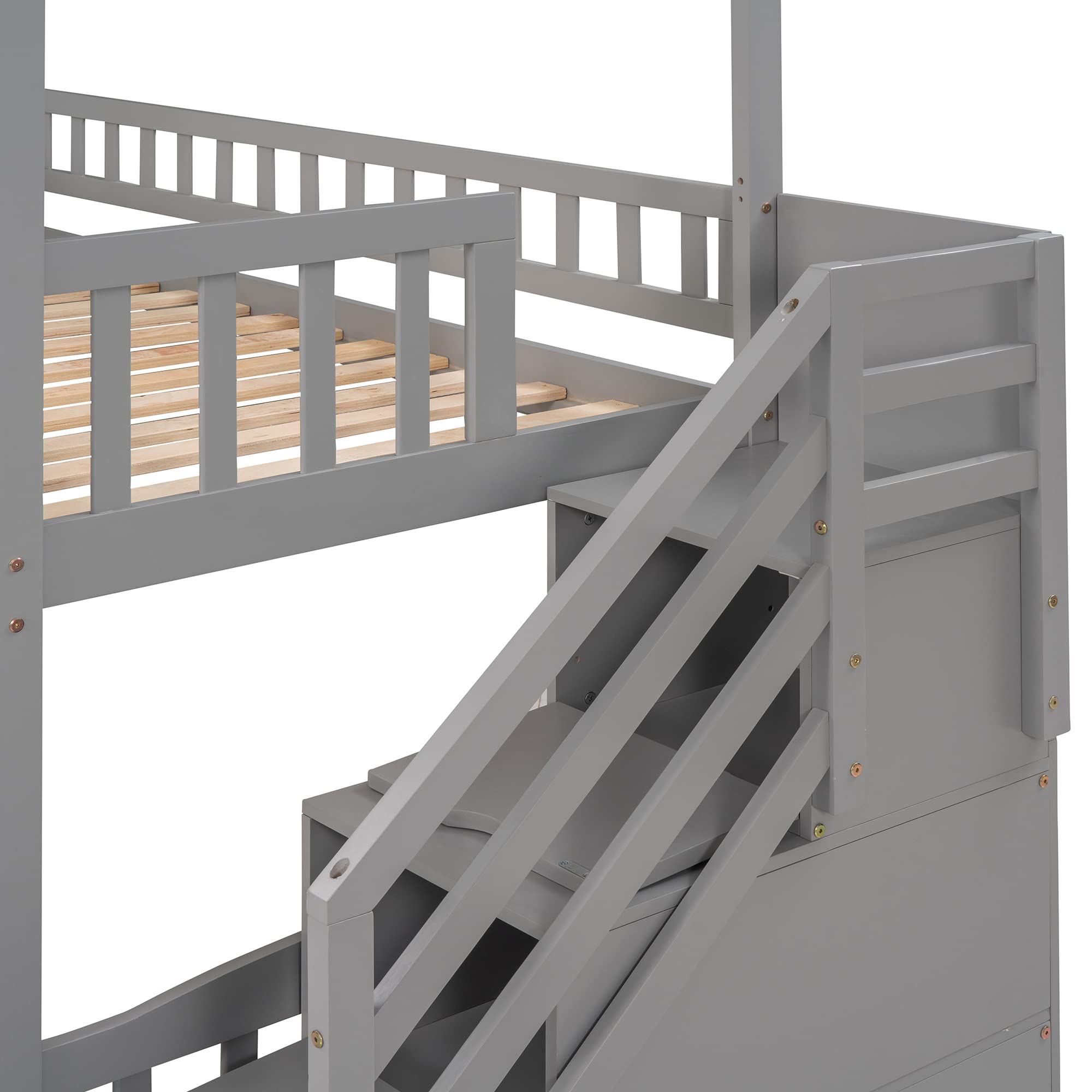 **Wooden Loft Bed with Stairway & Storage Drawers - Twin Size Kids Playhouse Loft Bed with Slide (Grey) - Perfect for Small Bedrooms, Playrooms & Kids' Sleepovers**