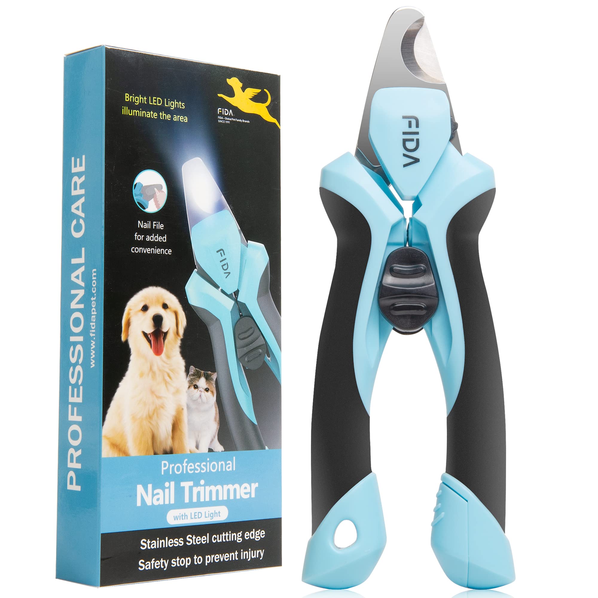 Fida LED Dog & Cat Nail Clippers with Safety Guard - Razor Sharp Pet Nail Trimmer with Nail File & Ergonomic Handle (Batteries Included) - Perfect for Home Grooming & Professional Pet Care