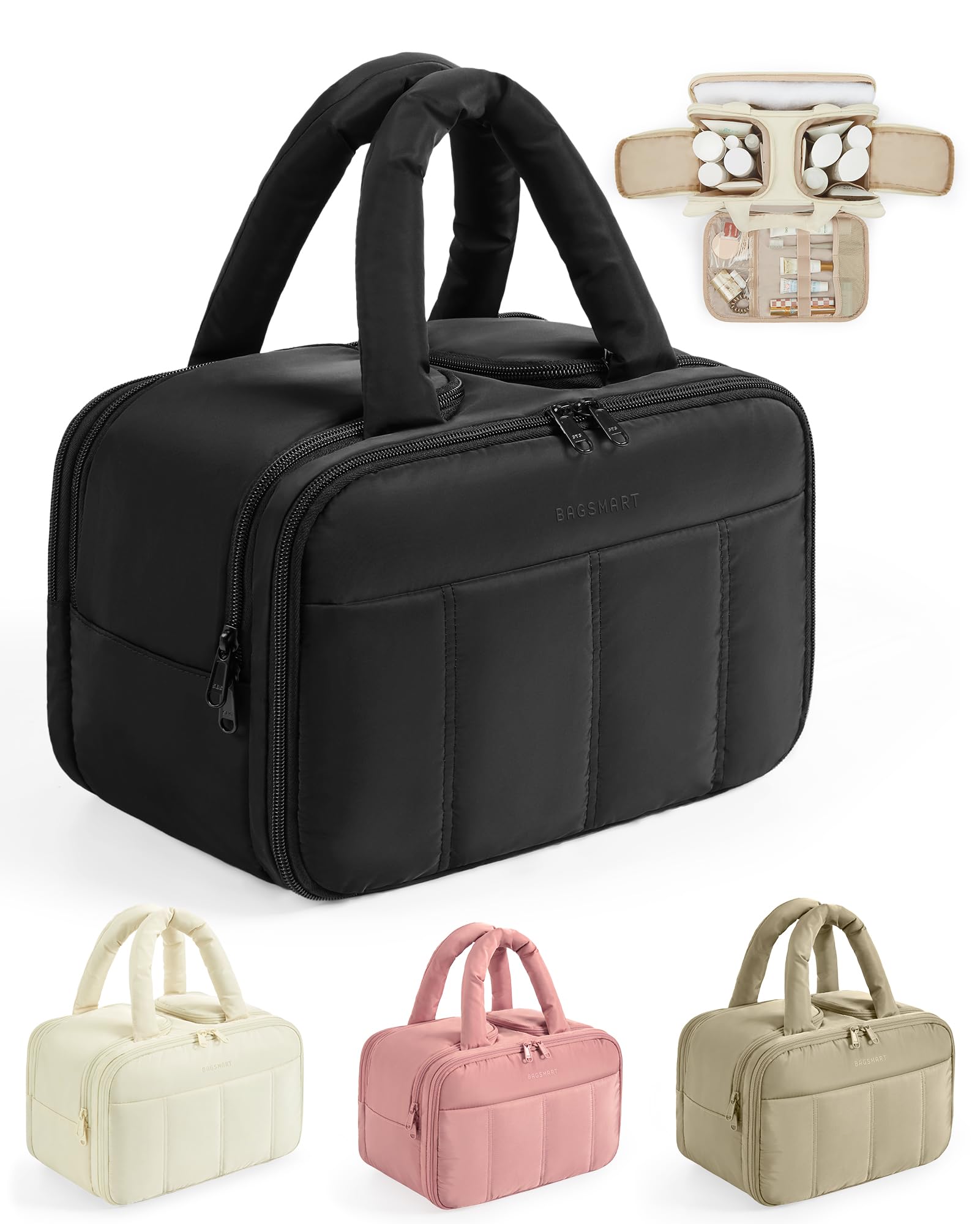 BAGSMART Large Puffy Travel Toiletry Bag for Women - Waterproof Cosmetic Makeup Organizer with Handle - Perfect for Travel, Gym, Camping & Weekend Getaways (Black)