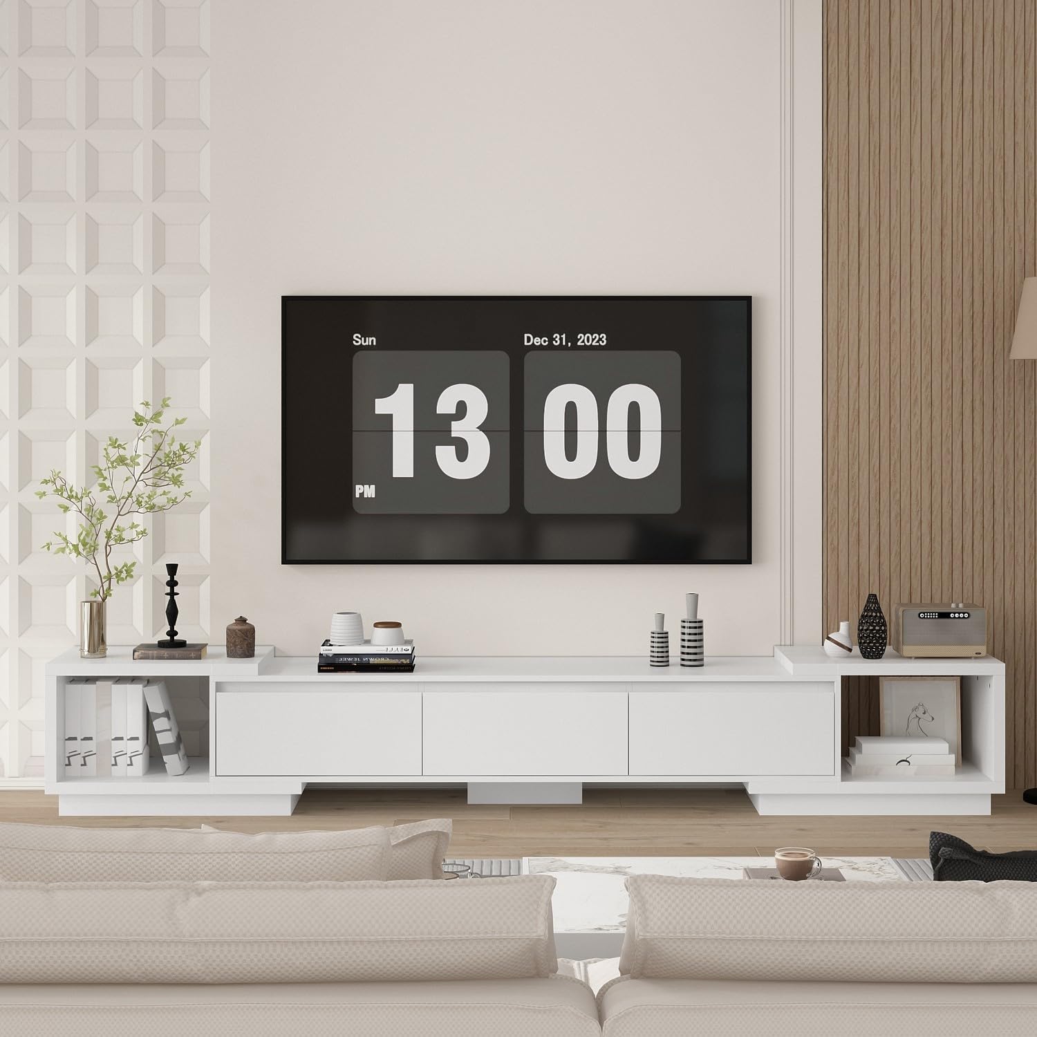Modern Extendable TV Stand with Drawers - FAMAPY 65.4-106.3 Inch Adjustable TV Console Table, Contemporary Entertainment Center & Media Storage Cabinet for Living Room, Bedroom, Home Theater (White) - Perfect for Small Spaces & Apartment Living