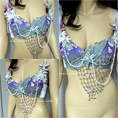 Silver Purple Mermaid Siren Rave Bra Costume - Sexy Glittering Bikini Top for Women's Festival, Cosplay, Halloween & Beach Party Outfits