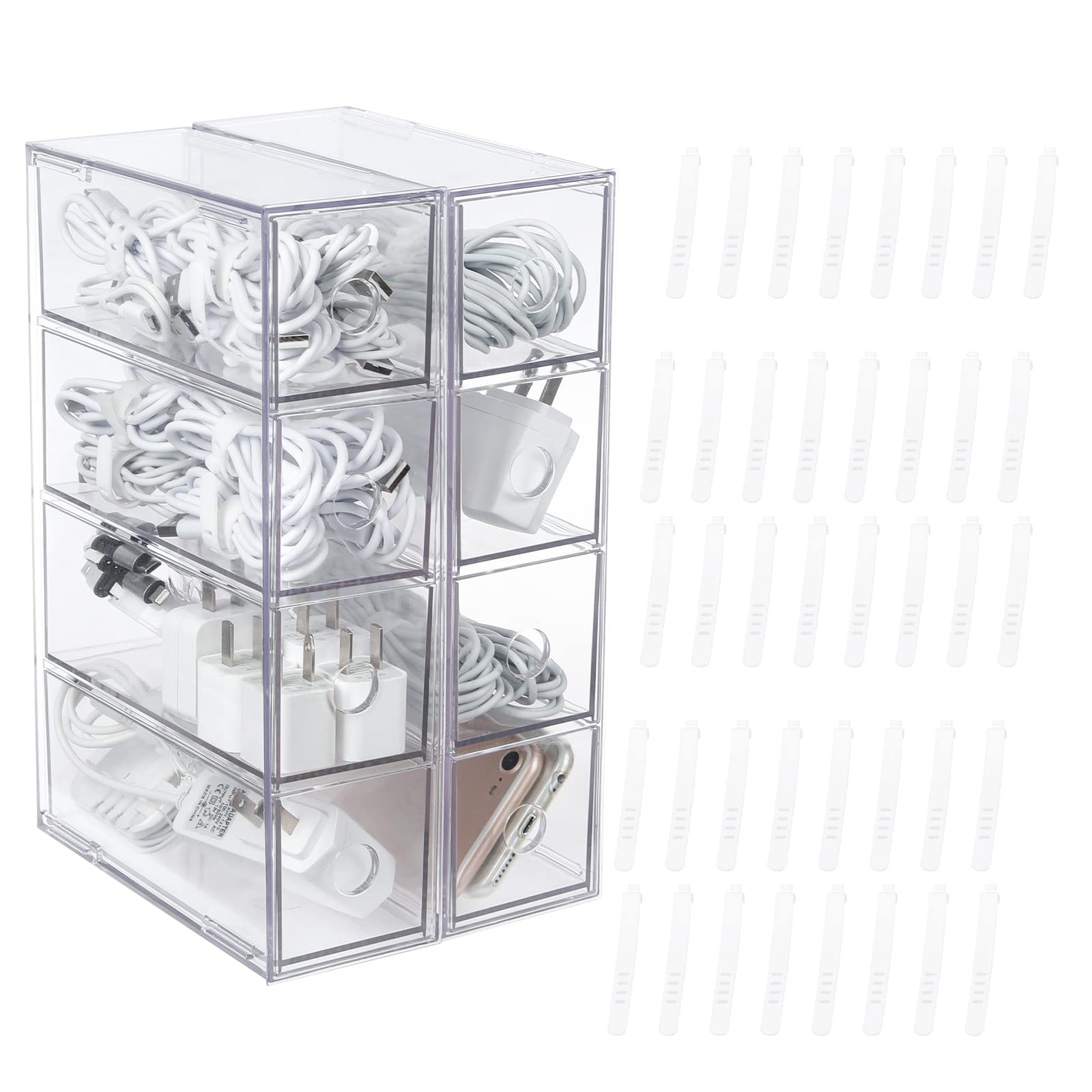 Yesesion 2-Pack Clear Cord Organizer - Cable Storage Box with 40 Wire Ties for Desk & Office Organization