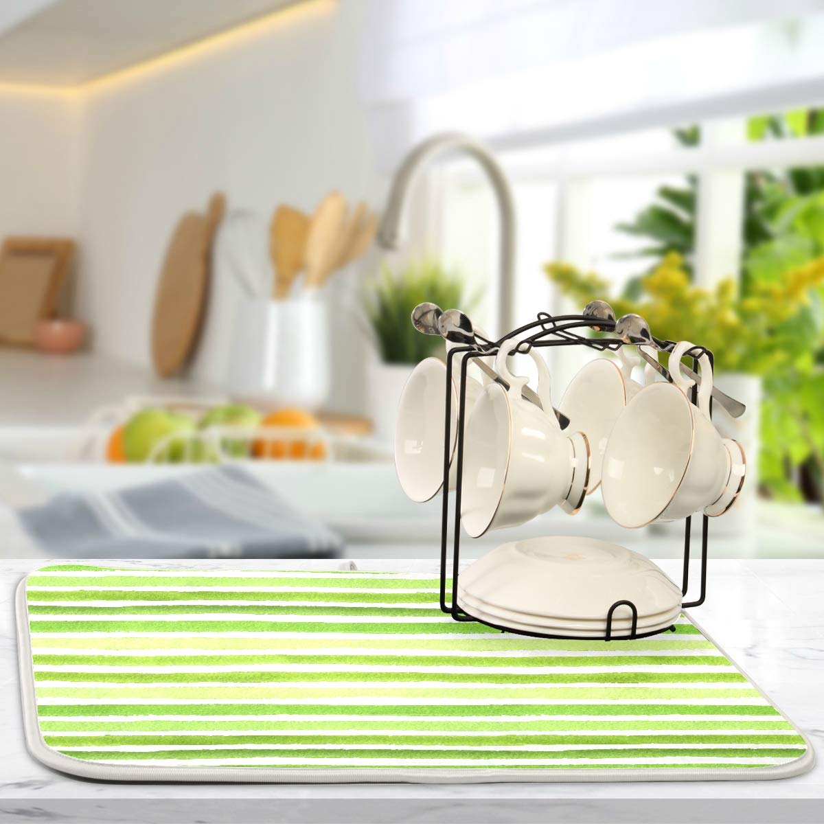Kitchen Sink Dish Drying Mat - Heat Proof, Multifunctional Counter Mat, Striped Lime Green, 18 x 24 Inch - Perfect for Dish Drainer, Counter Protection, and Kitchen Organization