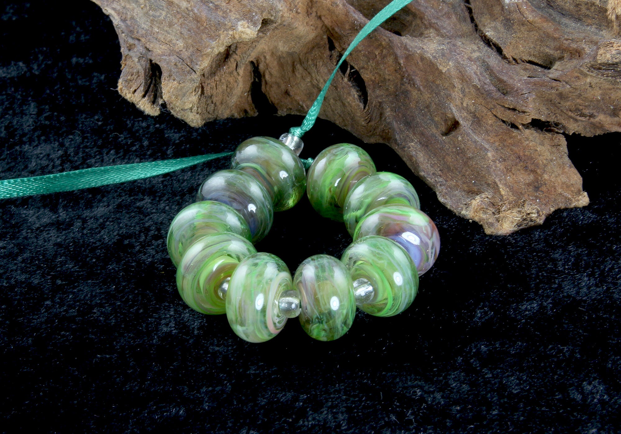 10 Handmade Green Swirl Lampwork Glass Beads for Jewelry Making - DIY Bracelet, Necklace & Craft Projects - SRA Certified Artisan Beads