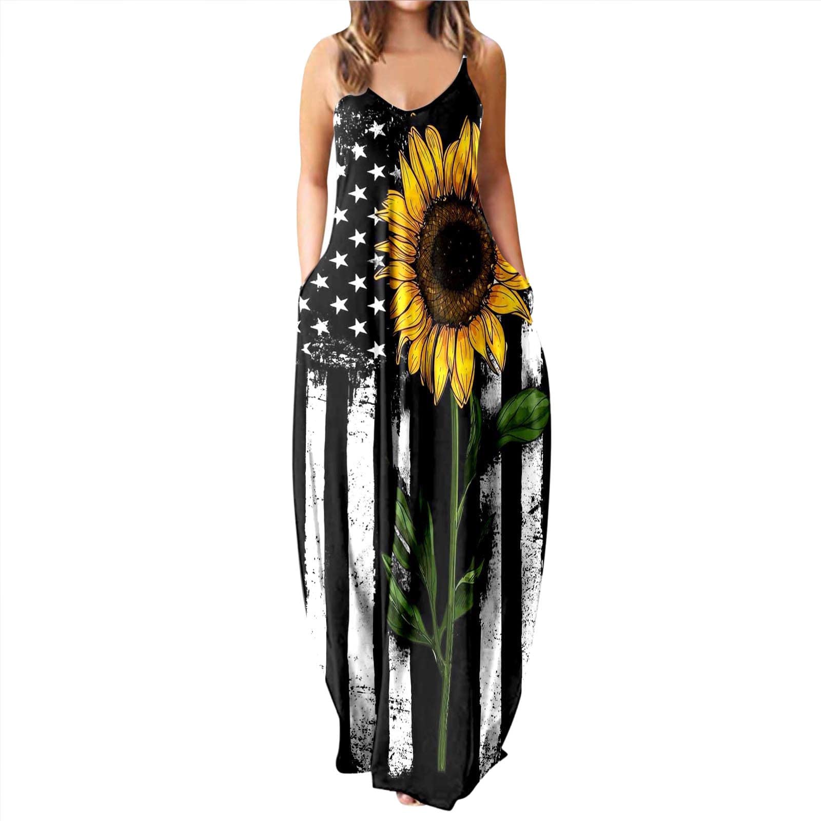 Plus Size Women's Casual Sleeveless Loose Maxi Dress - 4th of July American Flag Print Summer Beach Dress for Vacation, BBQ & Independence Day Celebrations