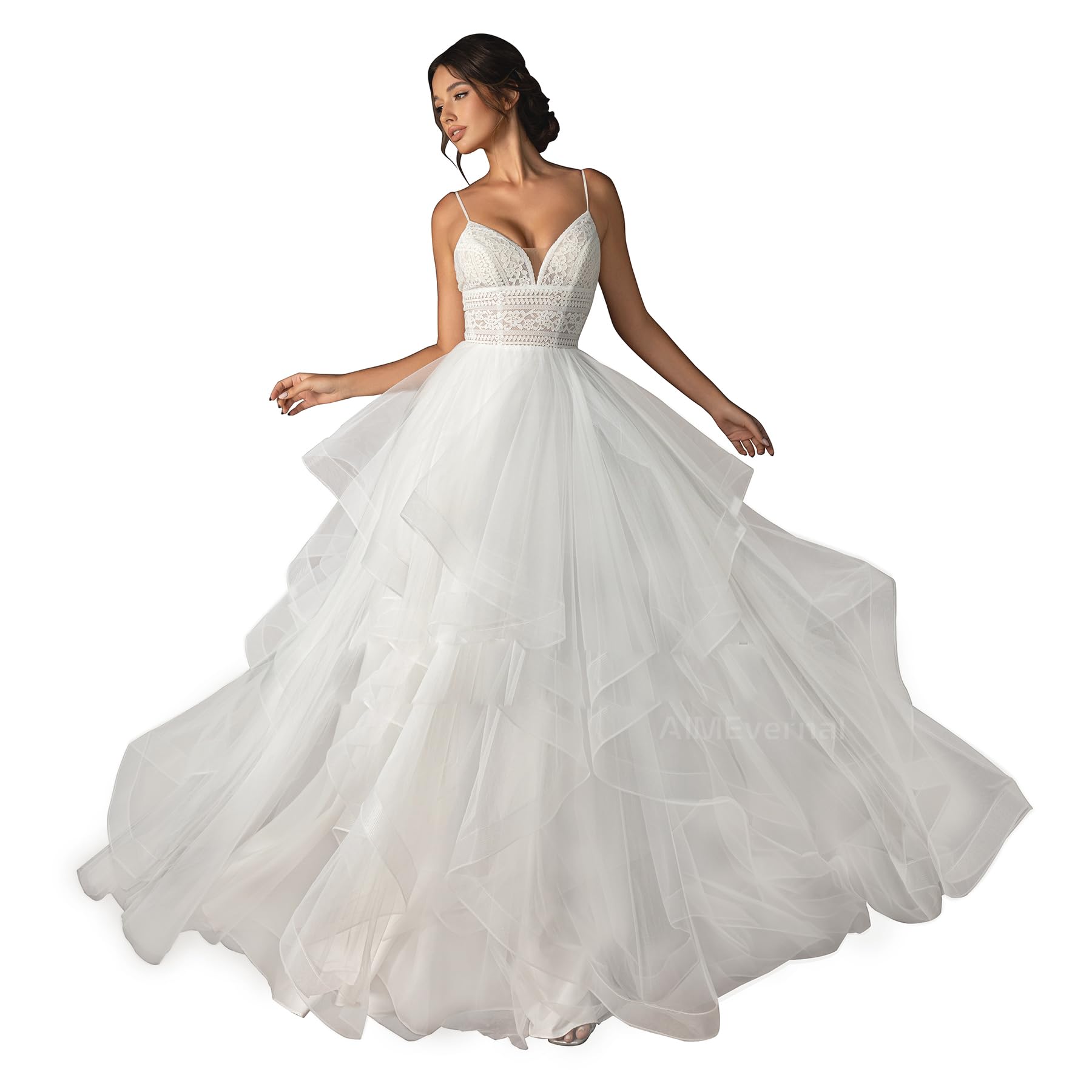 Boho Tiered Tulle Wedding Dress for Women - V Neck Slip Dress with Adjustable Straps | Sexy Beach Bridal Gown for Destination Weddings & Outdoor Ceremonies