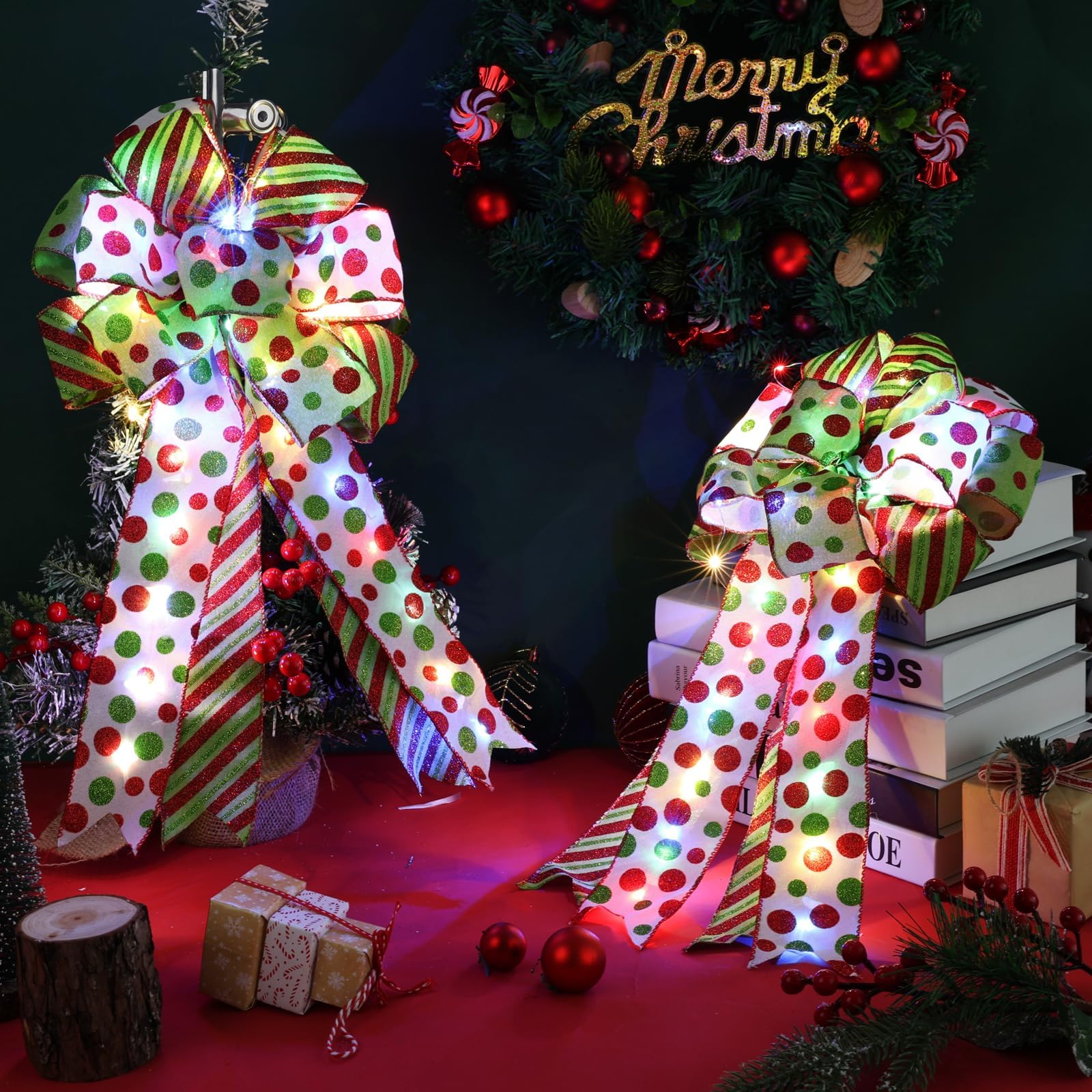 2 Pack Large Lighted Christmas Bows for Wreath Decor - 20x12 Inch Red & Green Glitter Dot Tree Topper Bows for Holiday Decorations - Perfect for Christmas Wreaths, Mantels, Gift Wrapping & Festive Home Decor