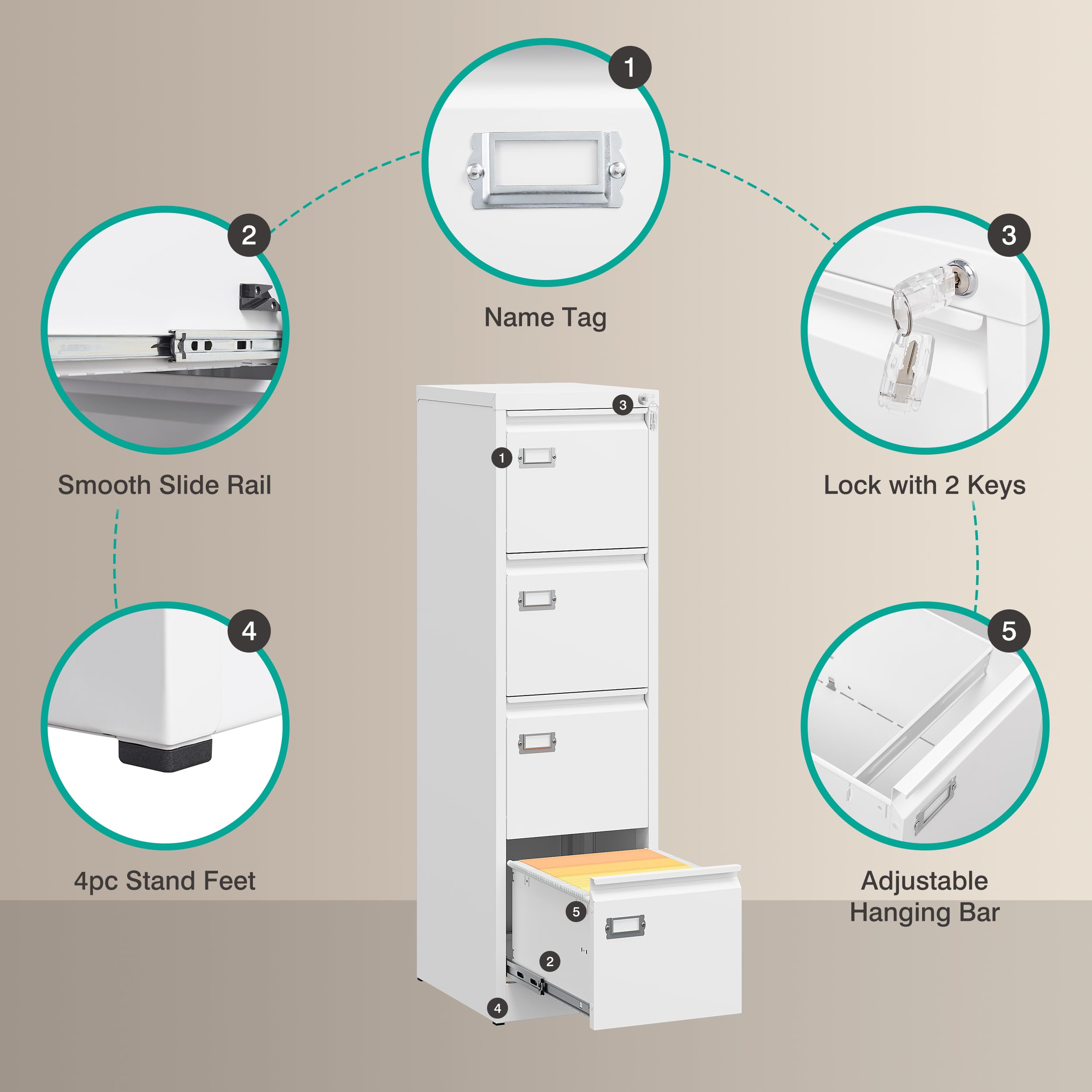 SESESOL 4-Drawer Locking Vertical File Cabinet - Stainless Steel Metal Filing Cabinet for Home & Office Organization - Letter/A4/Legal Size Storage - Perfect for Document Management & Workspace Organization