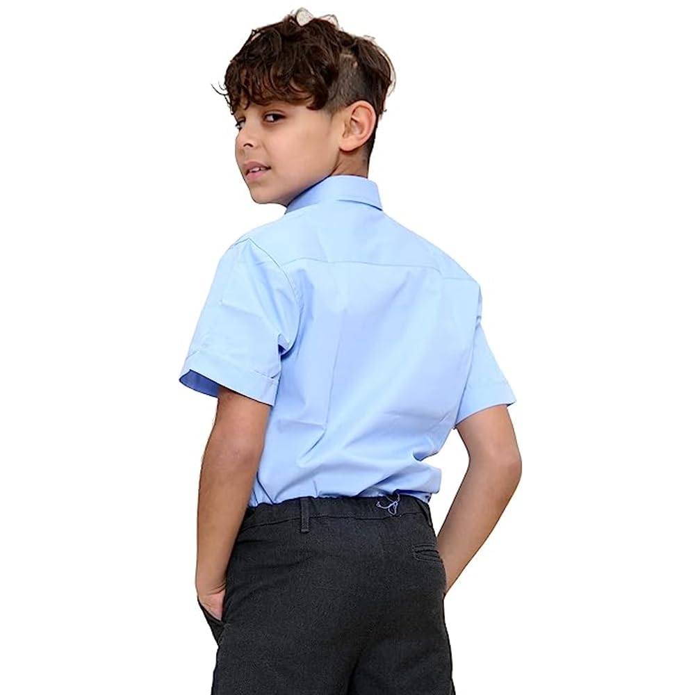 KHIM Boys' Dress Shirts for School - Short & Long Sleeve White & Blue Formal Shirts for Kids Ages 5-16 | Perfect for Class, Church & Special Occasions