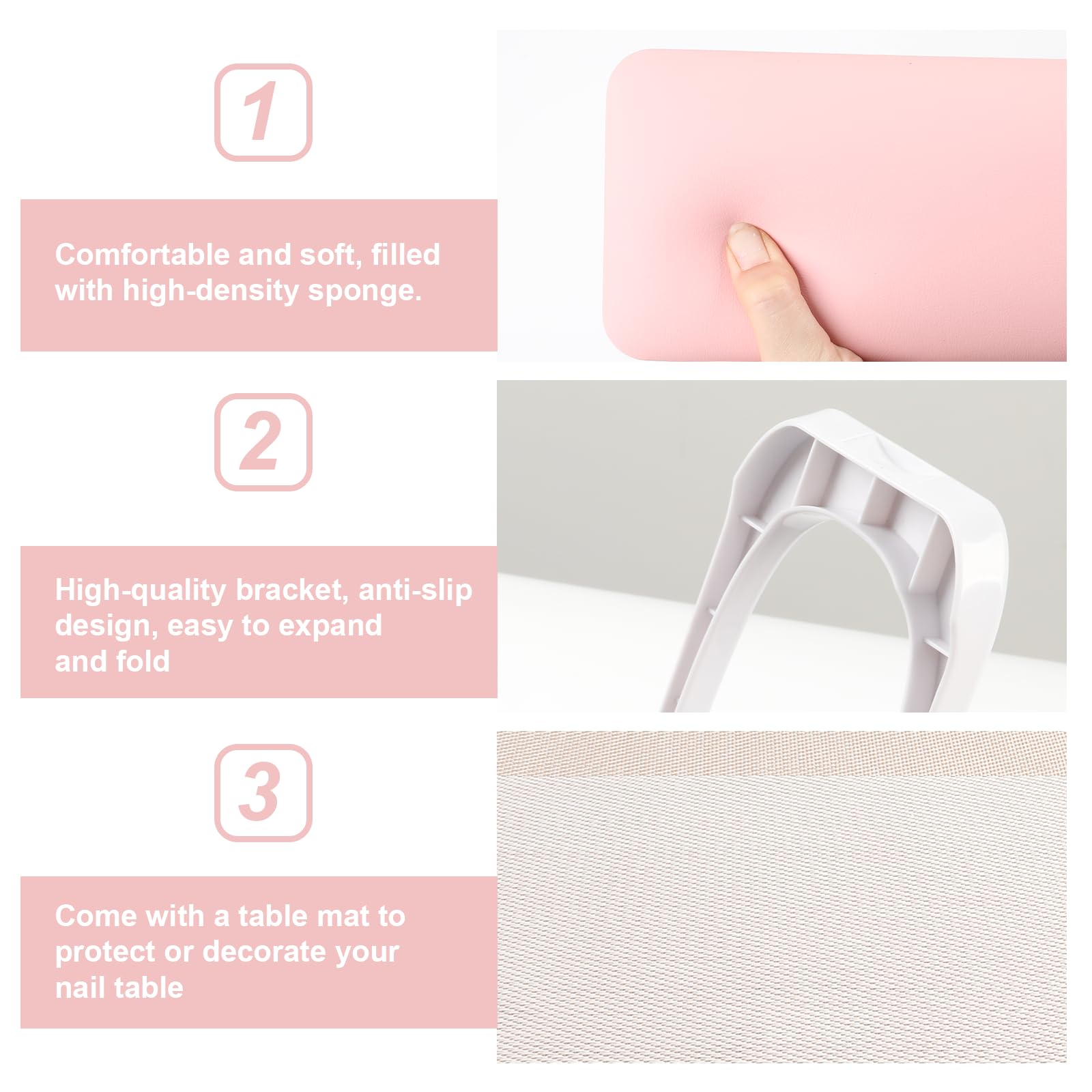 ANGNYA Foldable Nail Arm Rest for Nail Technicians - Pink Manicure Hand Stand with PVC Table Mat & Microfiber Leather - Perfect for Nail Salon, Home Manicures & Professional Nail Art Sessions