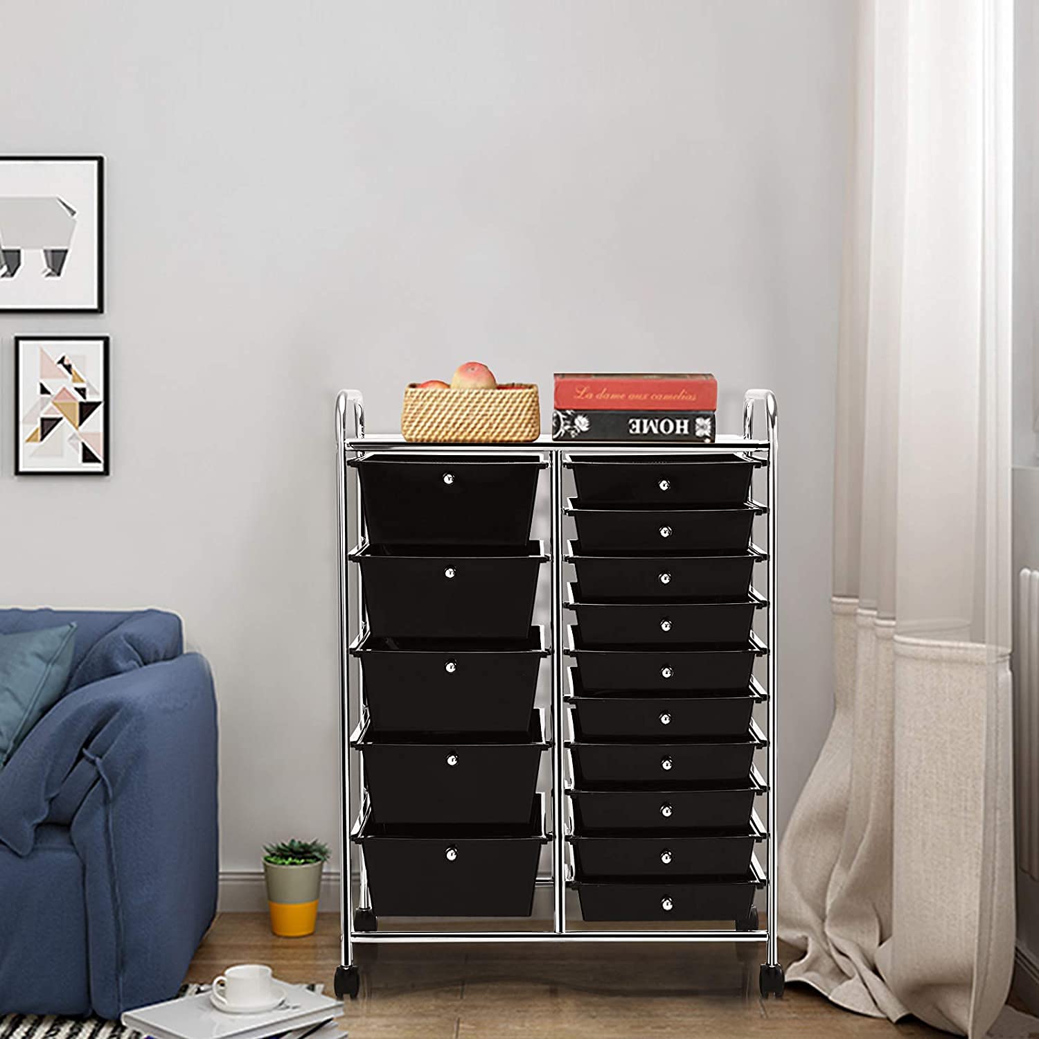 15-Drawer Rolling Storage Cart with Wheels - Mobile Utility Organizer for Tools, Office Supplies, Scrapbooking & School Essentials - Perfect for Home Office, Classroom & Craft Room Organization (Black)