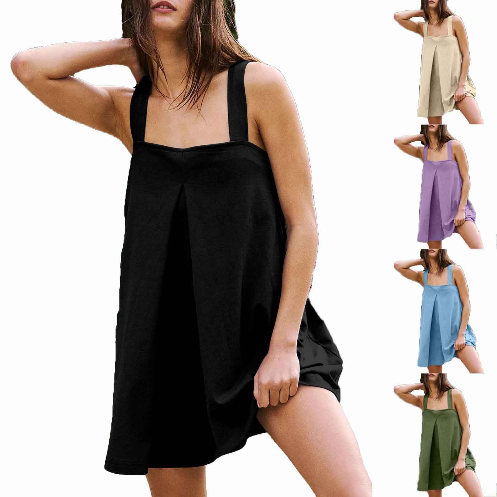 2024 Women's Summer Dresses - Pleated Solid Color Mini Sundress with Square Neck | Elegant Casual Loose Tank Dress for Beach, Vacation & Daily Wear