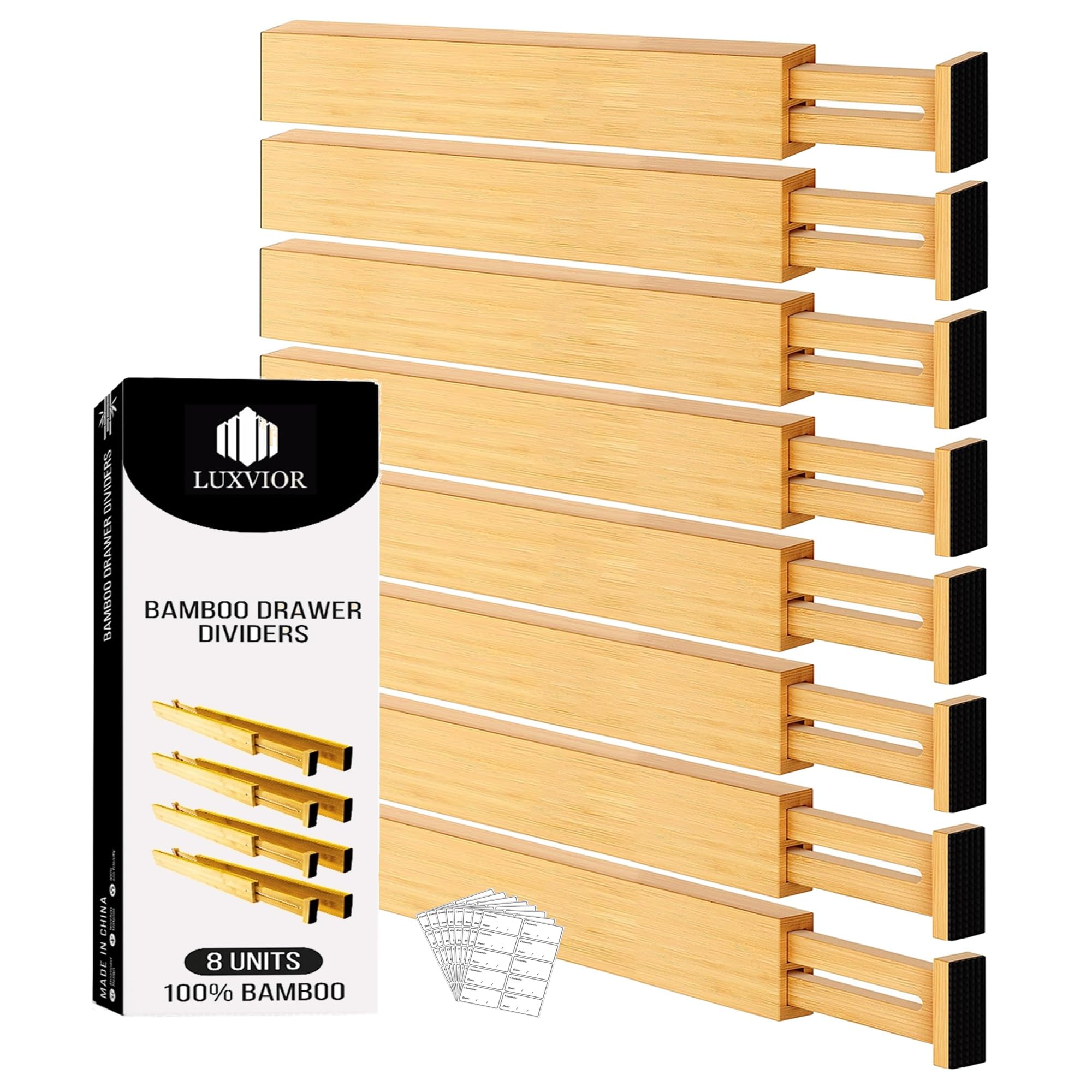 Expandable Bamboo Drawer Organizers 8-Pack with Labels (17-22 Inches) - Kitchen Utensil & Silverware Organizer, Dresser & Closet Dividers, Office Desk Storage Solution for Home Organization