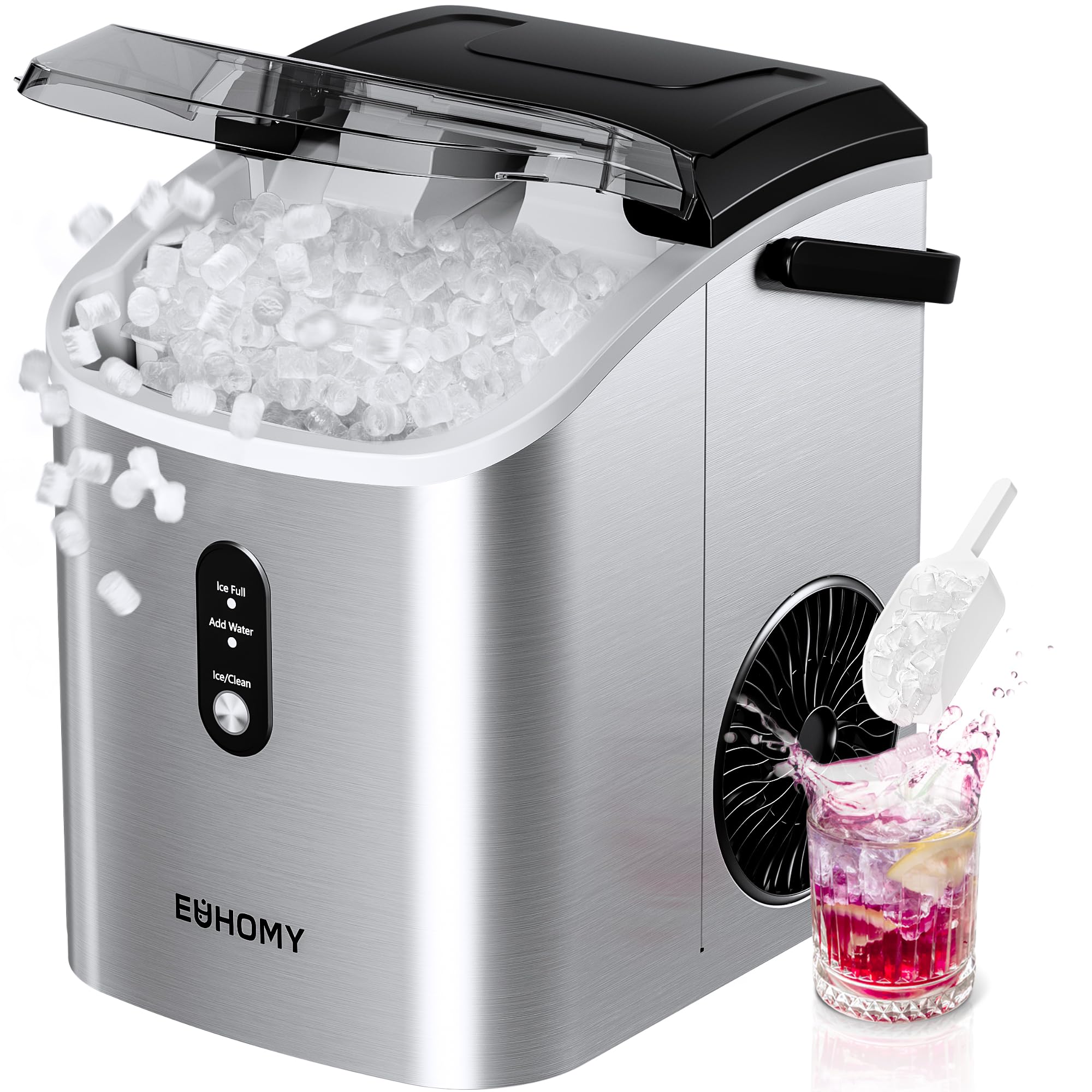 EUHOMY Portable Nugget Ice Maker Countertop - 34lbs/Day, 6-Minute Fast Ice Production, Auto-Cleaning, Removable Top Cover - Includes Ice Basket & Scoop - Perfect for Home, Office, RV, Camping & Parties (Silver) - Enjoy Chewable Ice for Drinks, Cocktails & Outdoor Adventures