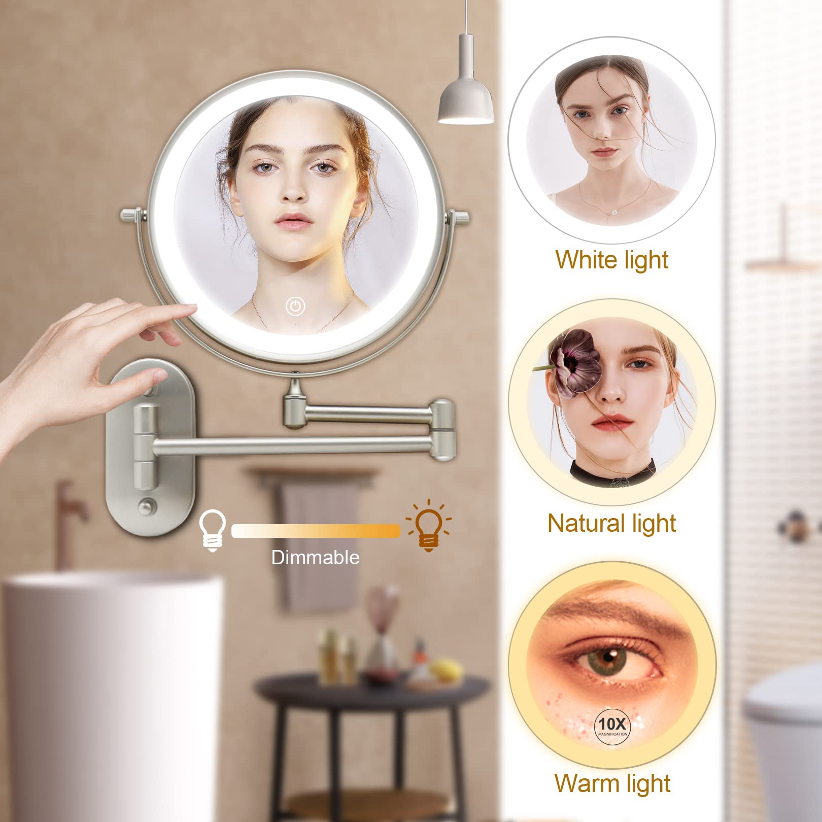 FASCINATE 8'' Rechargeable LED Makeup Mirror - Wall Mounted & Extendable Vanity Mirror with 1X/10X Magnification, 3 Color Lighting Modes & Touch Dimming - Perfect for Bathroom, Bedroom & Dressing Room Makeup Application