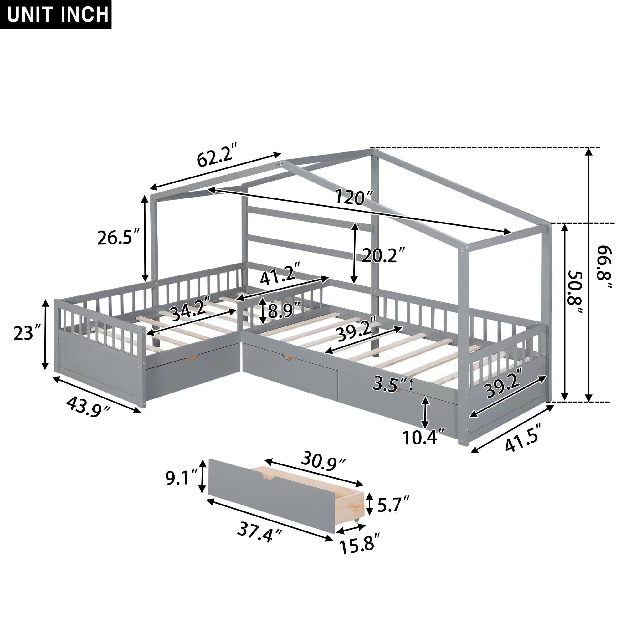 P PURLOVE L-Shaped Twin Wooden House Platform Bed Frame with 3 Storage Drawers & Guardrail - No Box Spring Needed, Gray - Perfect for Small Bedrooms, Kids Rooms & Space-Saving Storage Solutions