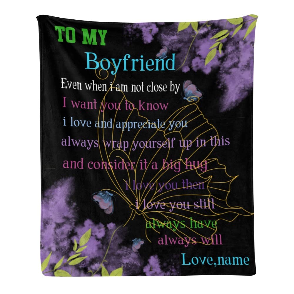 Custom Personalized Fleece Throw Blanket with Name - Soft Butterfly Design for Boyfriend Gift - 50x60 Inches - Cozy Home Decor, Anniversary Present, Romantic Surprise