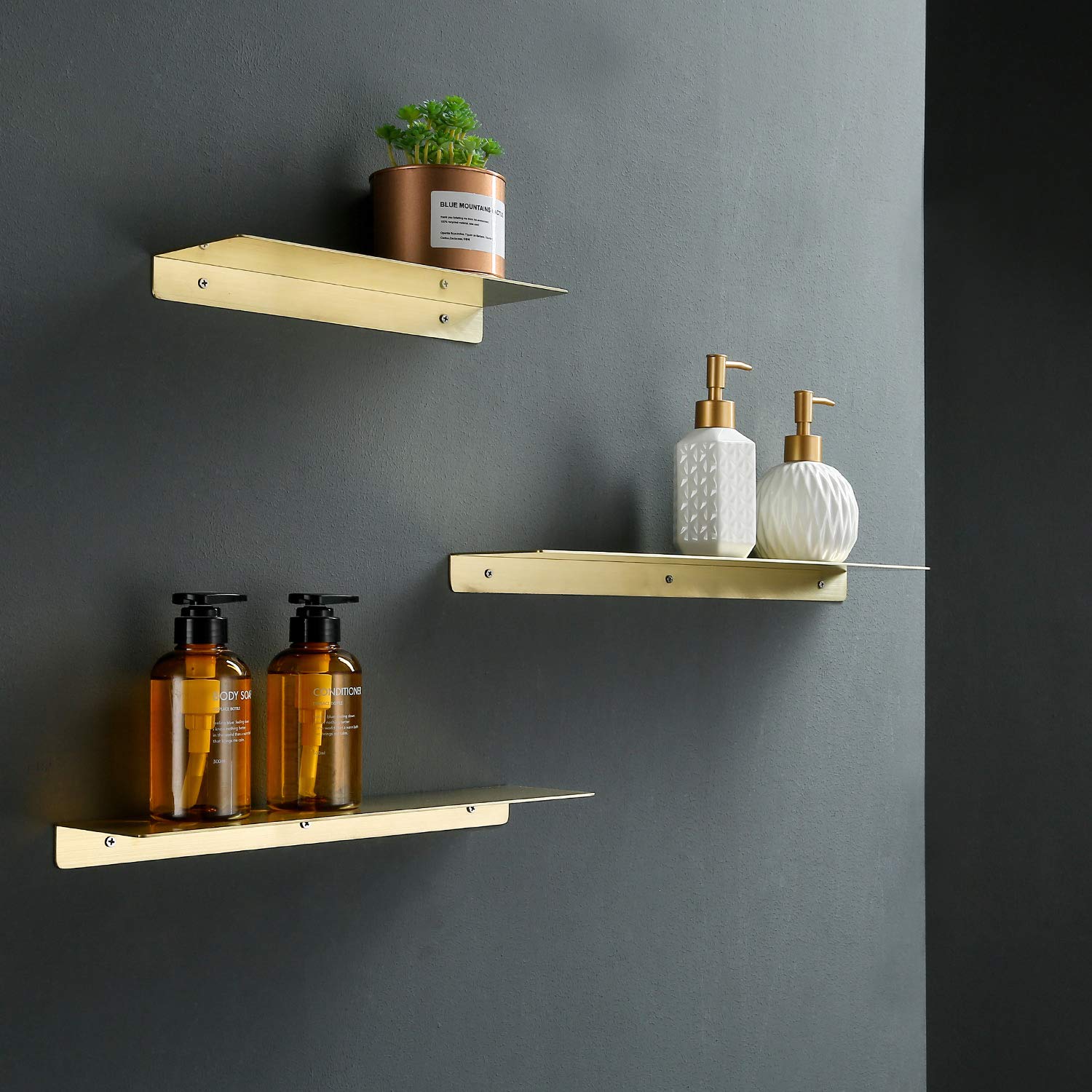 TRUSTMI Brushed Gold Floating Shelf - 16x4 Inch Rustproof Stainless Steel Wall Mounted Shelf for Bathroom, Kitchen, Bedroom & Living Room - Heavy Duty Storage Solution for Towels, Decor & Essentials (SUS304 Brushed Brass Finish)