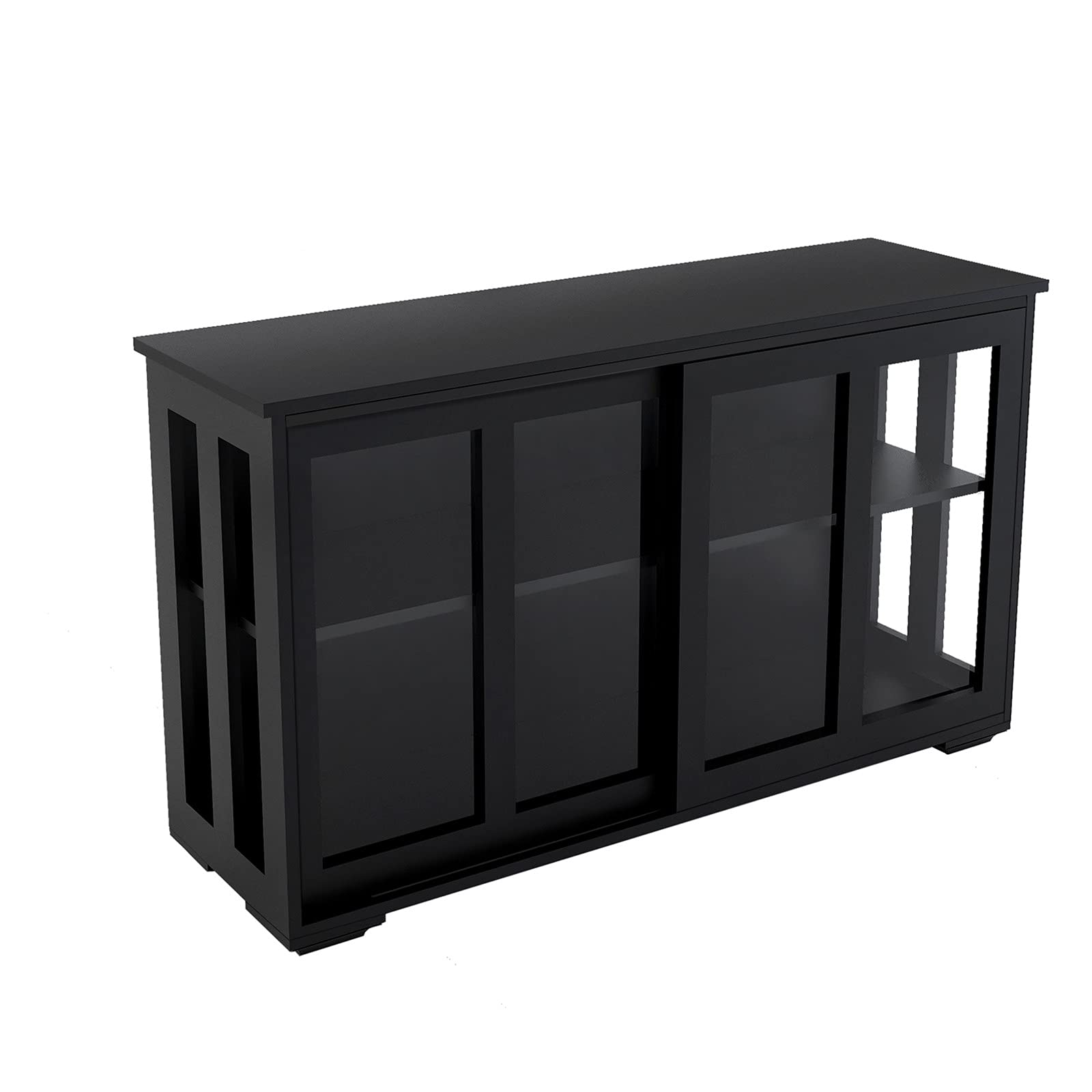 Henf Kitchen Sideboard Storage Cabinet with Glass Doors - Modern Buffet Cupboard for Dining Room, 2 Shelves & 2 Sliding Doors, Black - Perfect for Kitchen Organization & Dining Room Storage