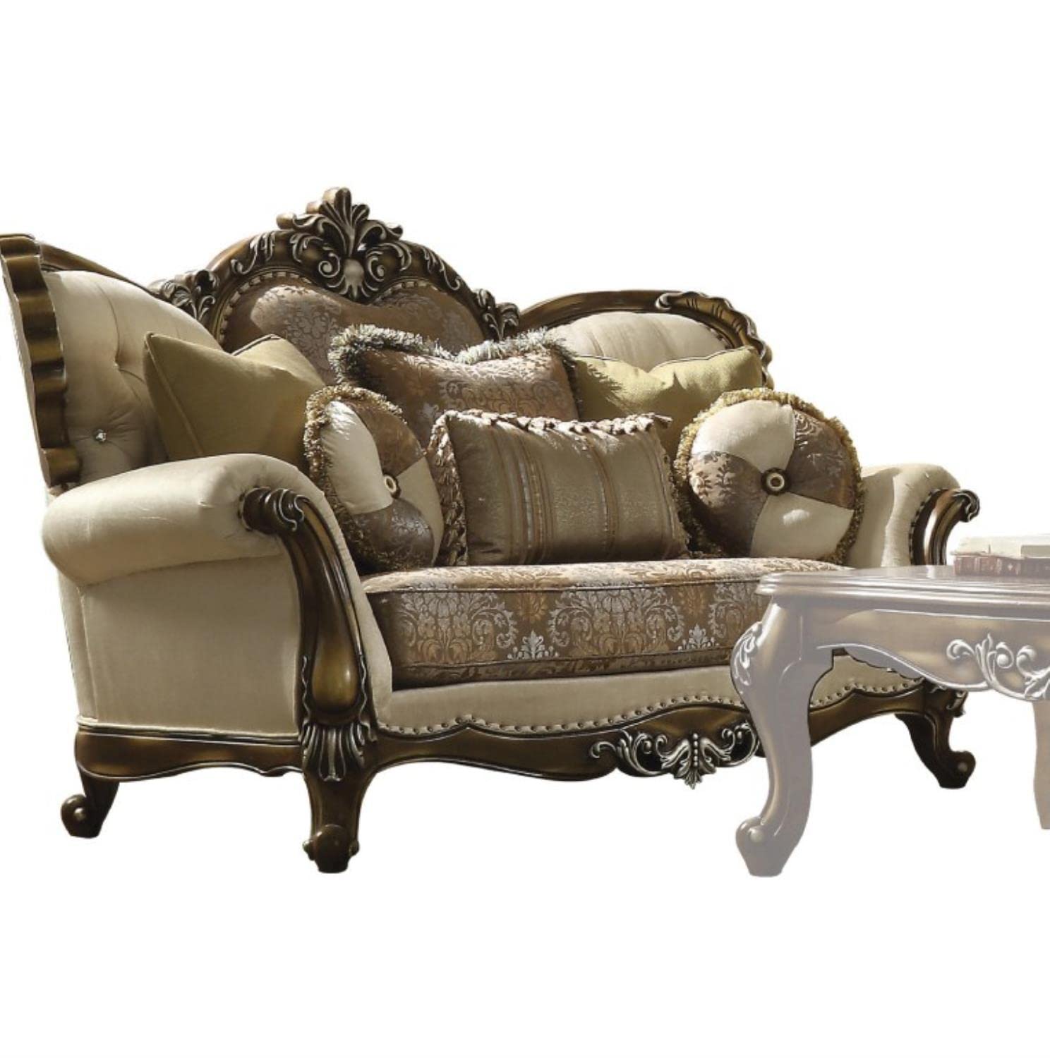 Acme Furniture Latisha Love Seats - Tan Pattern Fabric with Antique Oak Frame - Comfortable 2-Seater Sofa for Living Room, Bedroom & Small Spaces