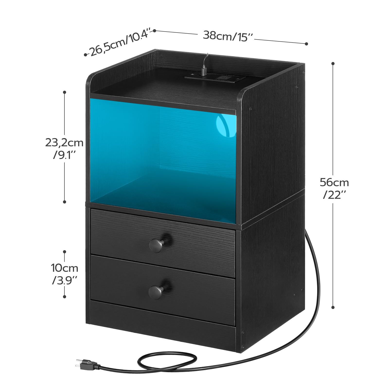 HOOBRO Modern Nightstand with Charging Station & LED Lights - 2-Drawer Bedside Table with USB Ports & Outlets - Black End Table for Bedroom (BK28UDBZ01) | Perfect for Small Spaces, Apartment Living & Contemporary Home Decor